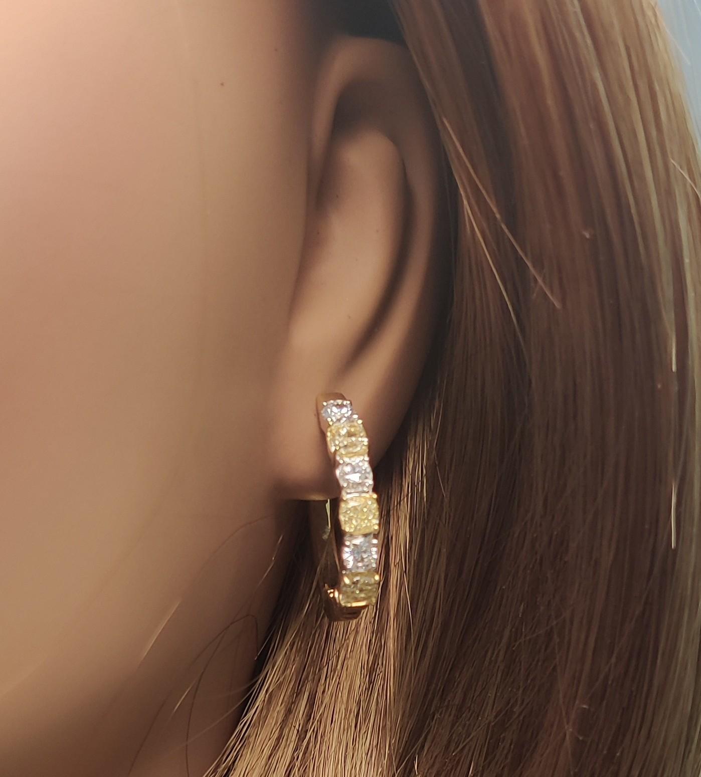Natural Yellow Cushion and White Diamond 2.37 Carat TW Gold Hoop Earrings