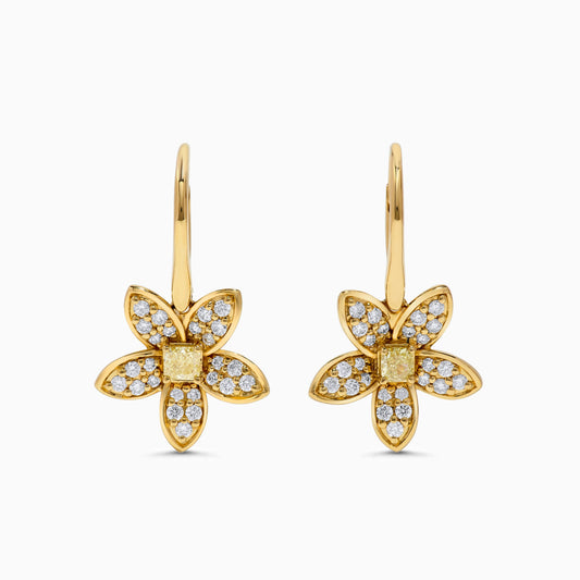 Natural Yellow Cushion and White Diamond .91 Carat TW Yellow Gold Drop Earrings
