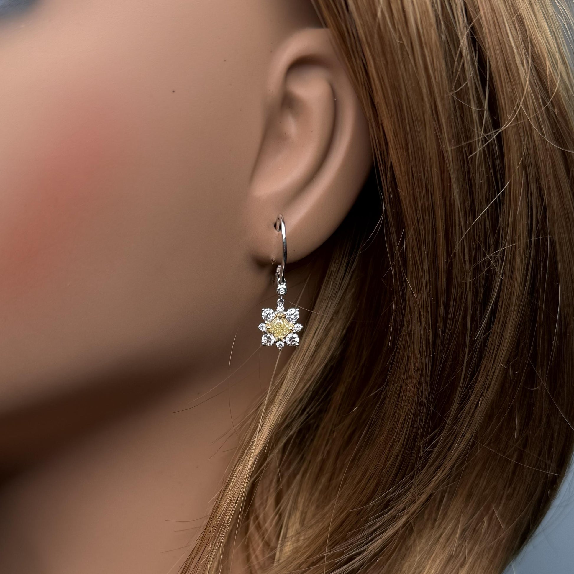 Natural Yellow Cushion Diamond 1.78 Carat TW Gold Drop Earrings