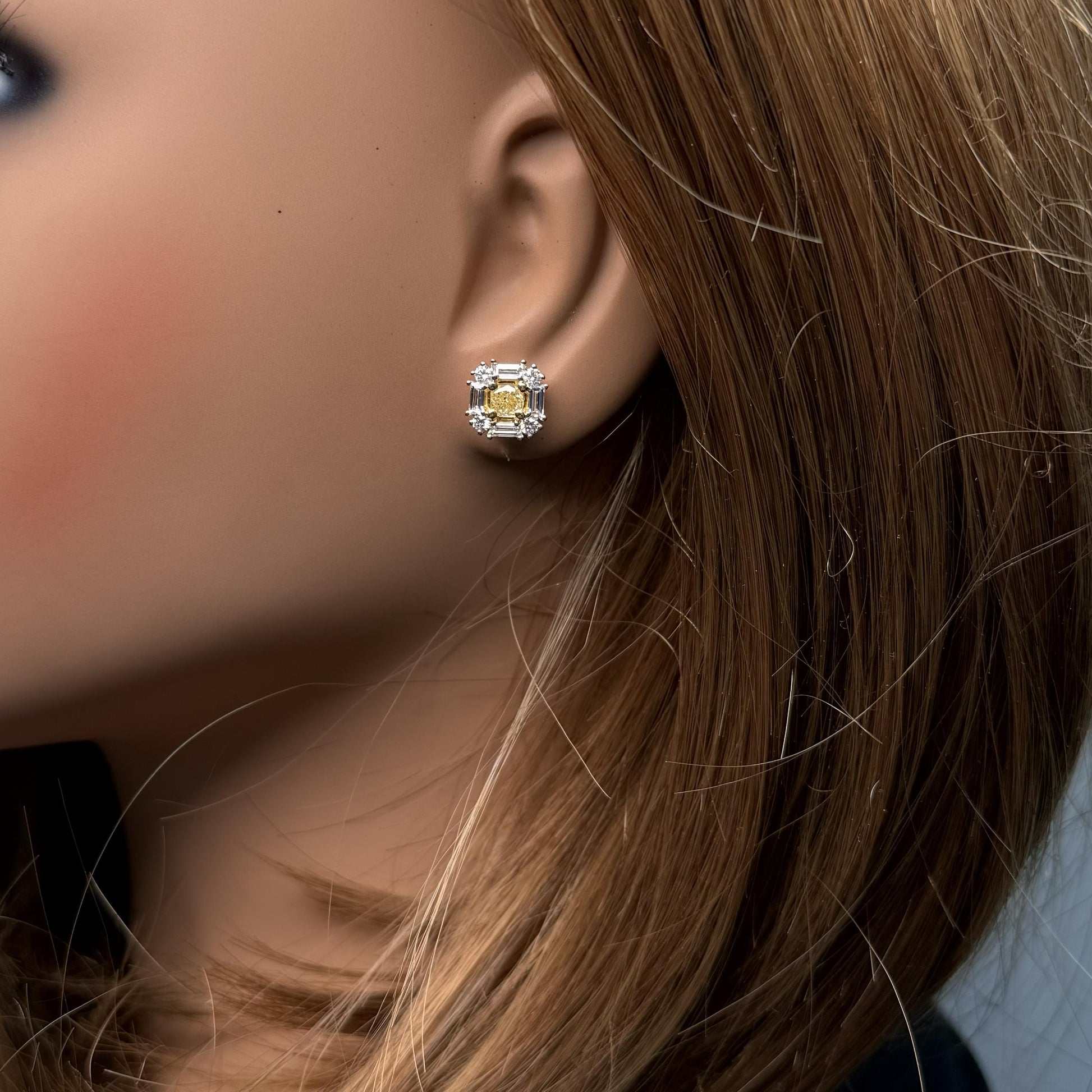 Natural Yellow Cushion Diamond 1.65 Carat TW Gold Stud Earrings