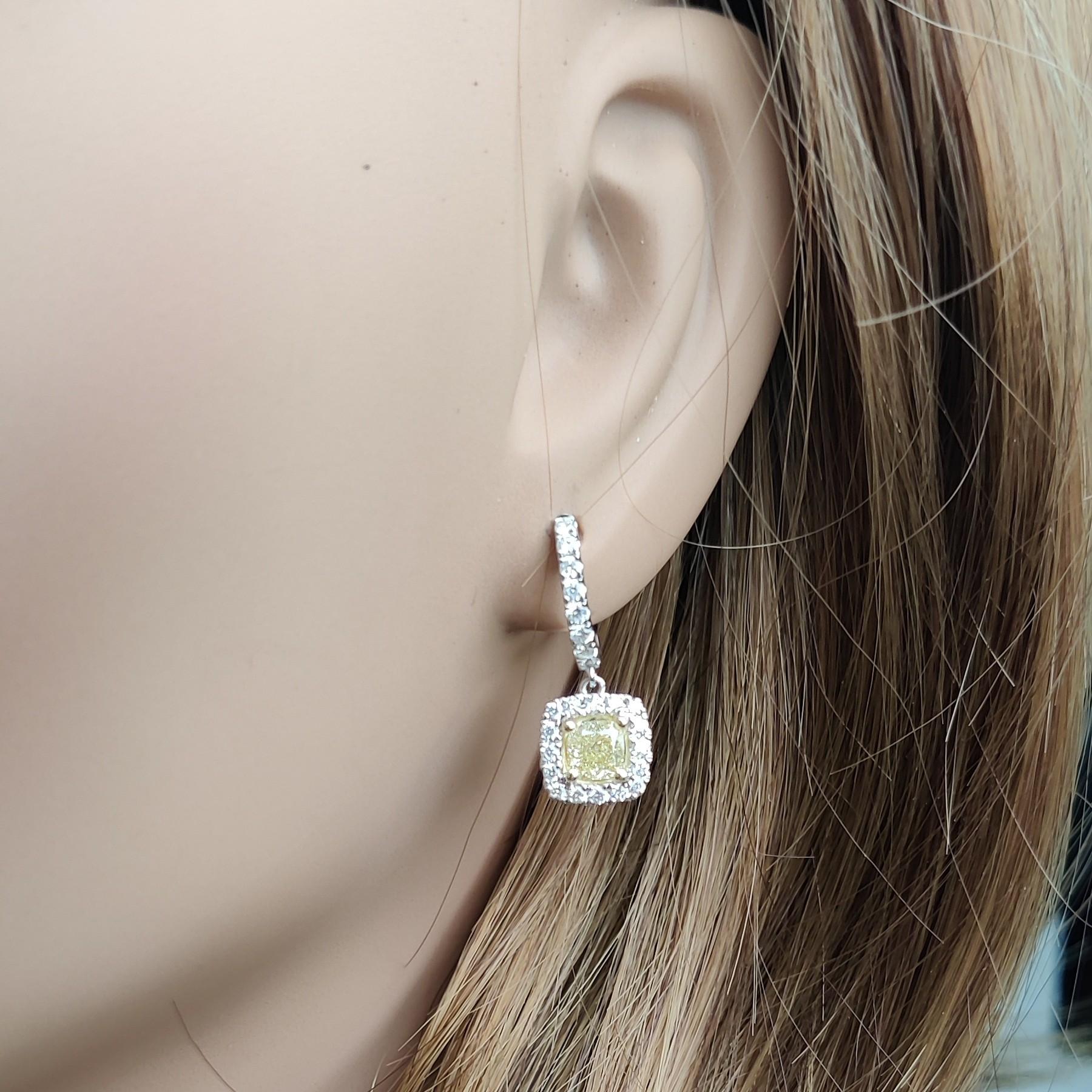 GIA Certified Natural Yellow Cushion Diamond 2.10 Carat TW Gold Drop Earrings