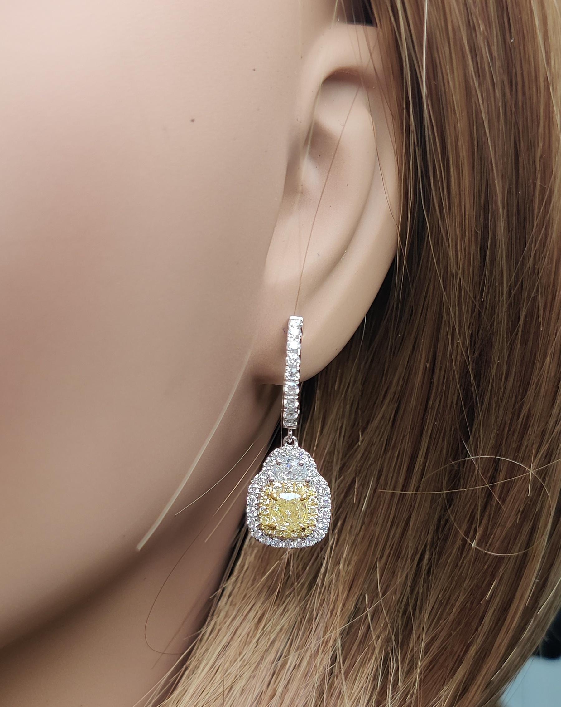 GIA Certified Natural Yellow Cushion Diamond 3.16 Carat TW Gold Drop Earrings