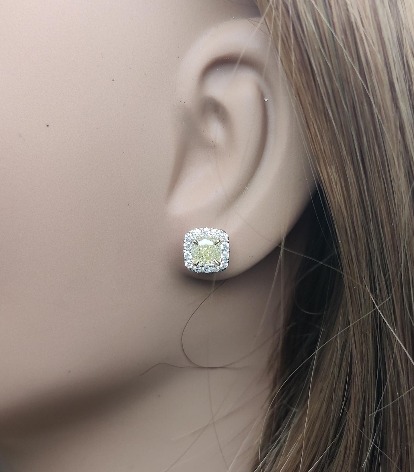 GIA Certified Natural Yellow Cushion Diamond 2.05 Carat TW Gold Stud Earrings