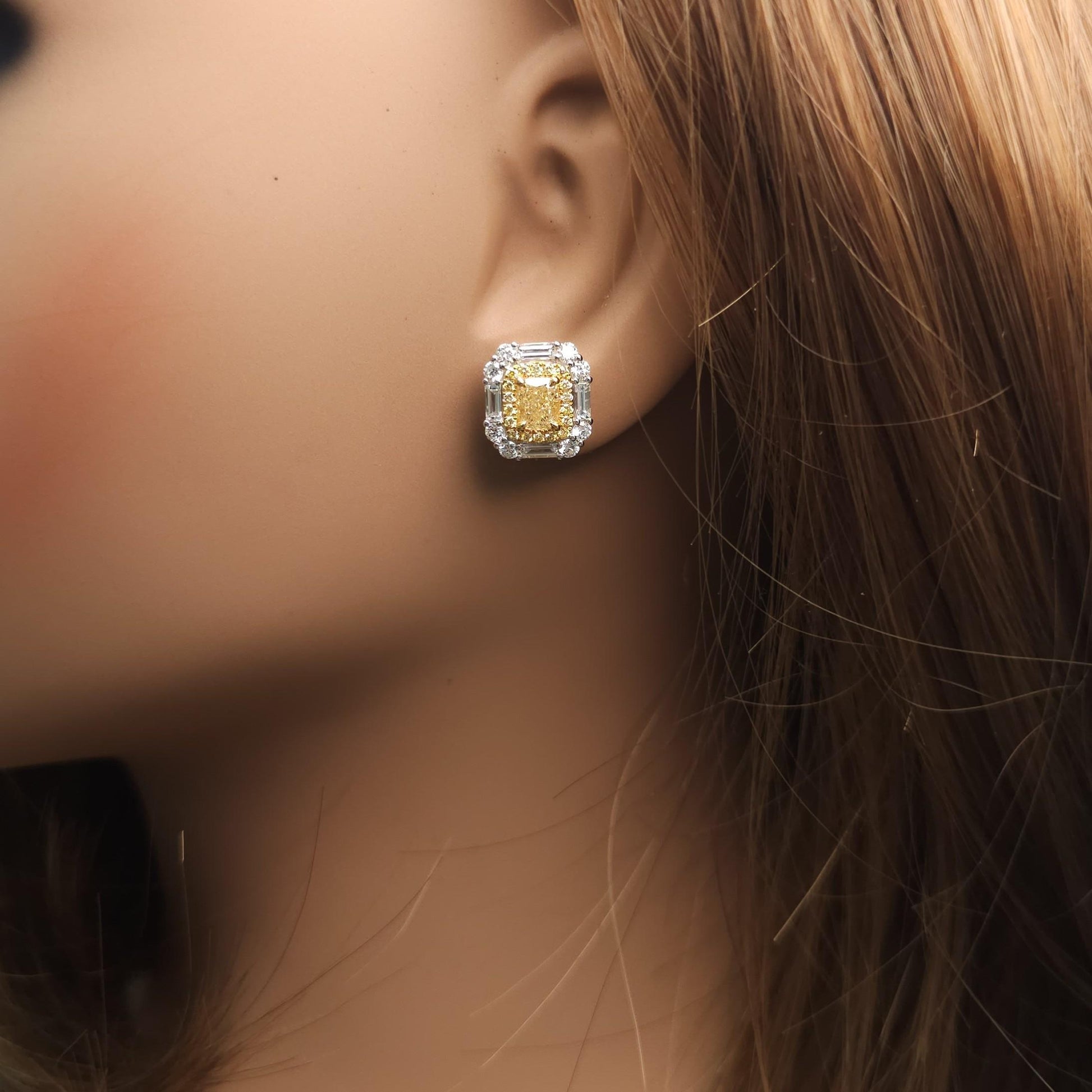 GIA Certified Natural Yellow Cushion Diamond 3.36 Carat TW Gold Stud Earrings