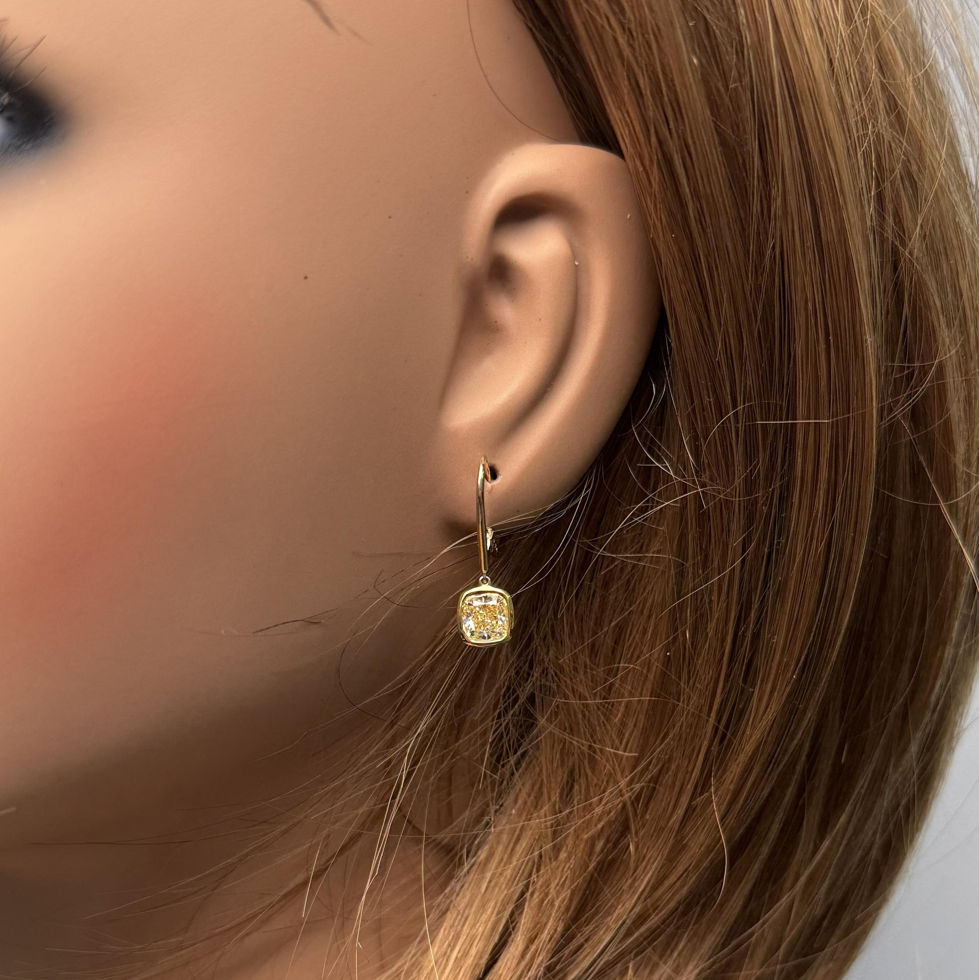 GIA Certified Natural Yellow Cushion Diamond 2.28 Carat TW Gold Earrings