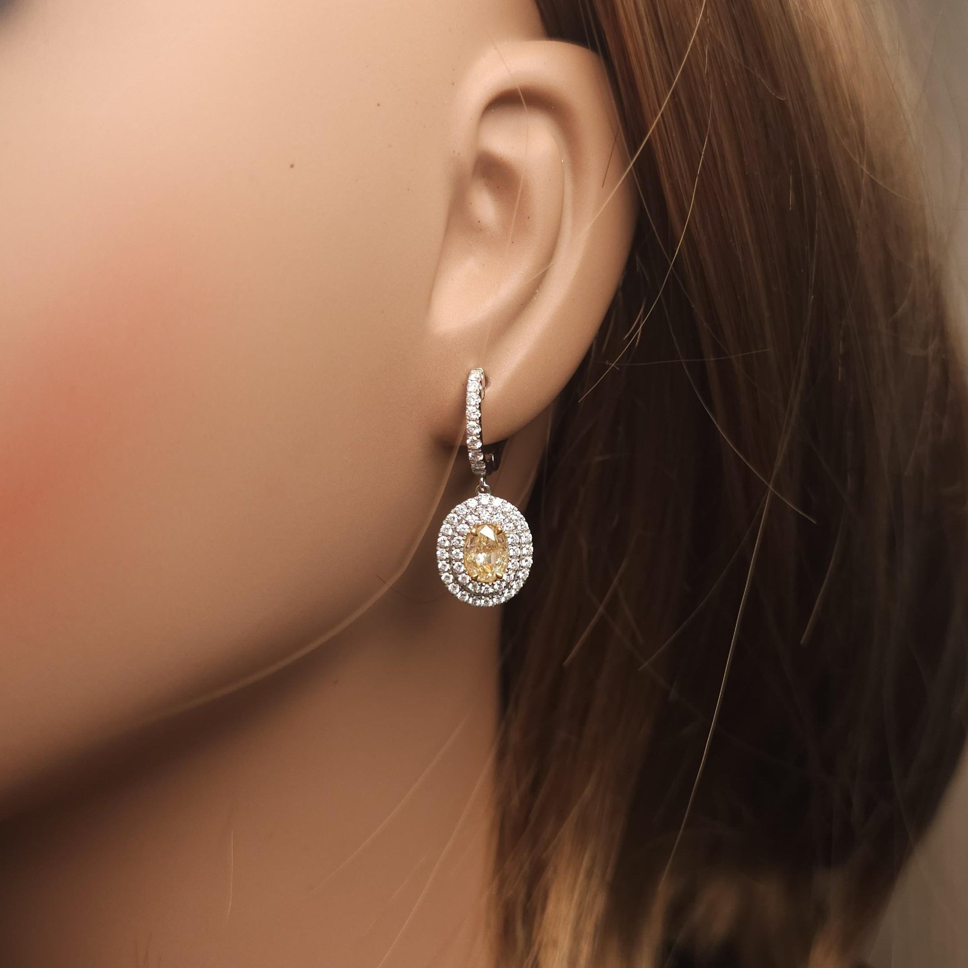 GIA Certified Natural Yellow Oval Diamond 2.87 Carat TW Gold Drop Earrings