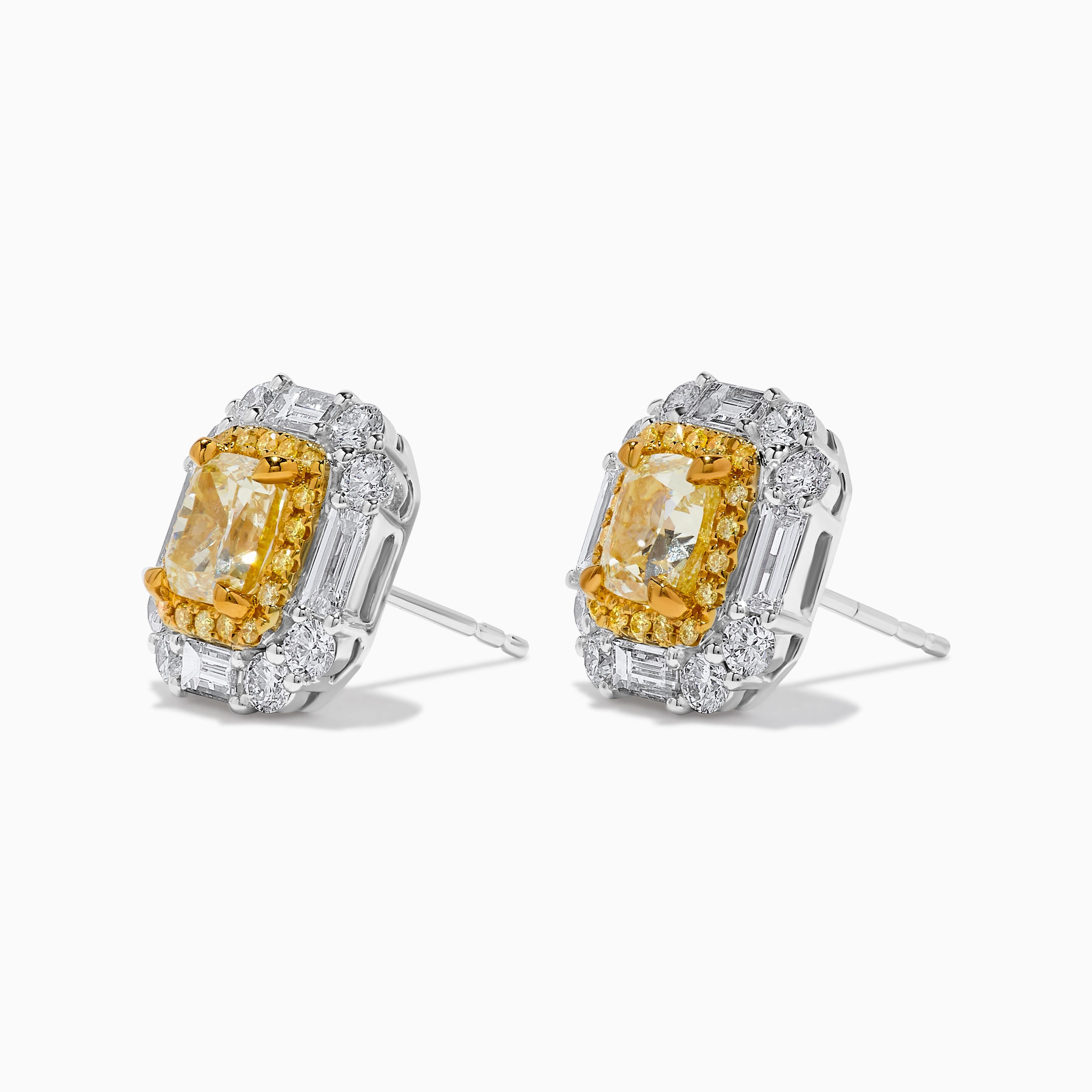 GIA Certified Natural Yellow Cushion Diamond 3.65 Carat TW Gold Stud Earrings