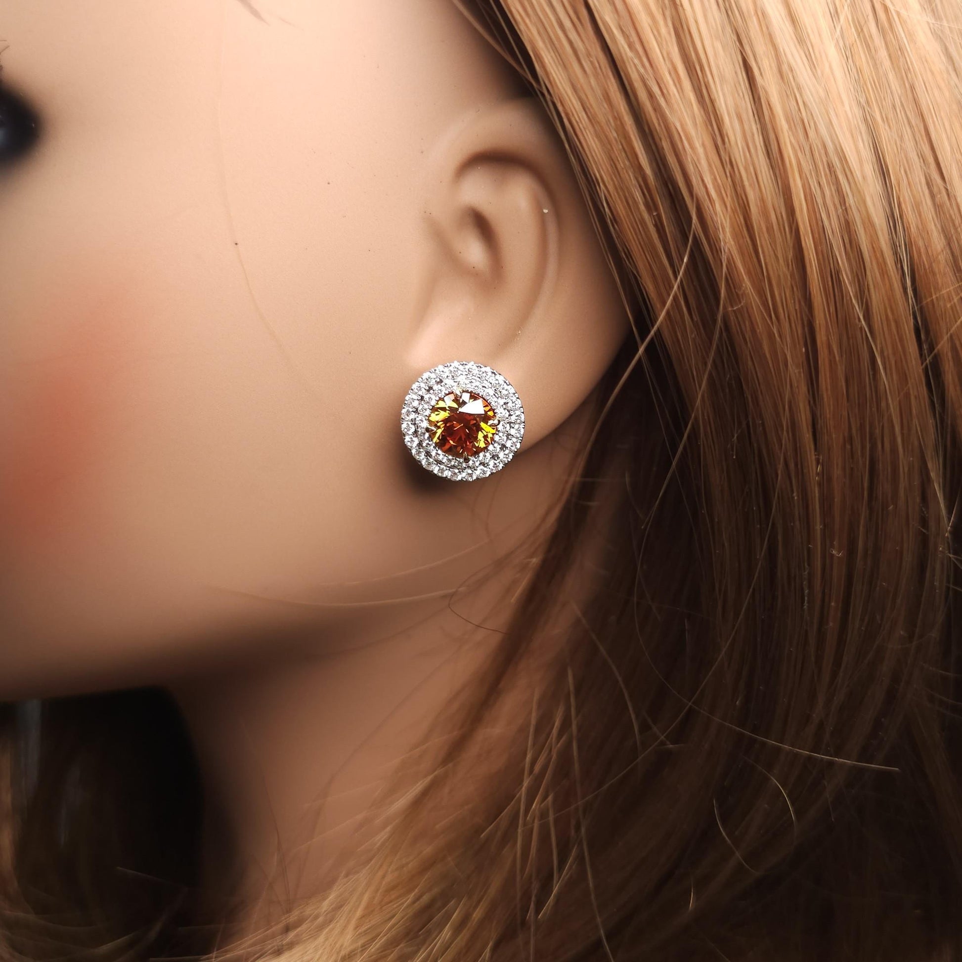 GIA Certified Fancy Deep Orange Round Diamond 6.35 Carat TW Gold Earrings
