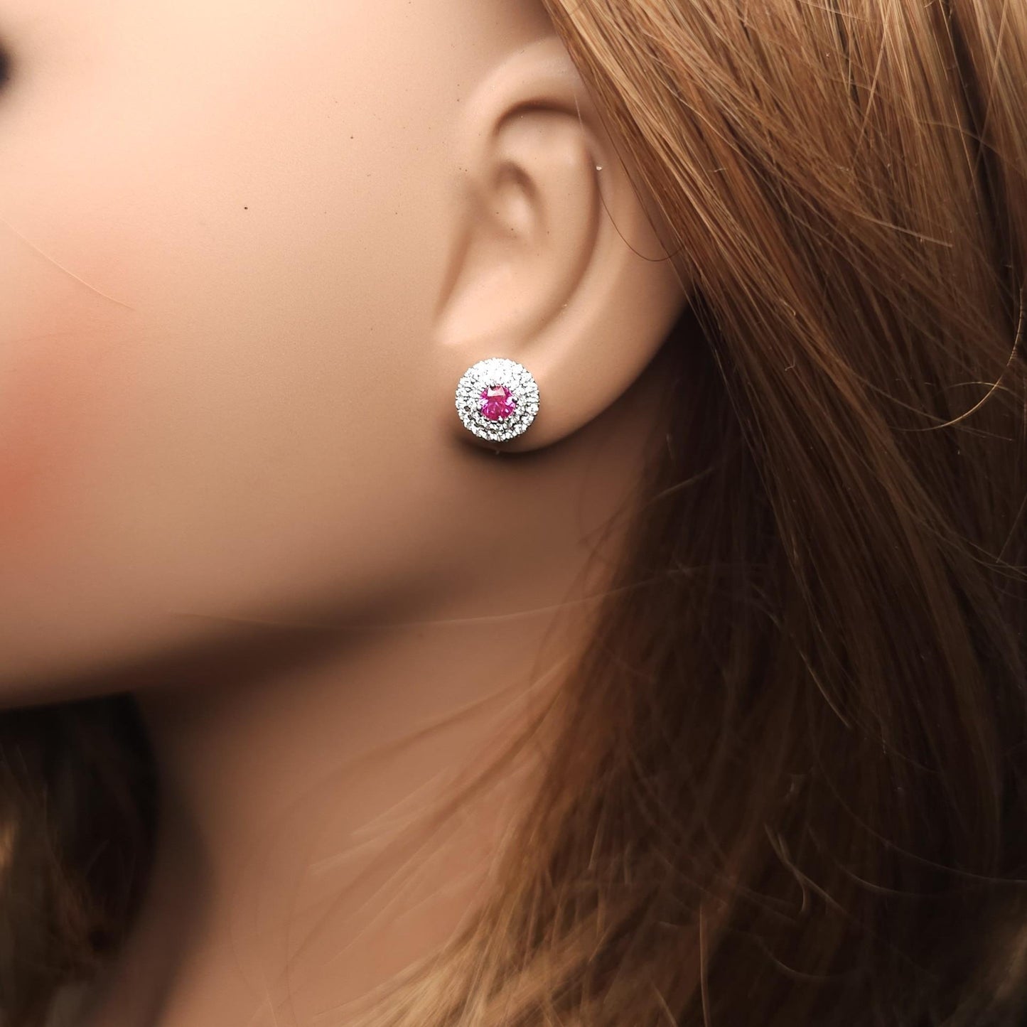 Natural Red Round Ruby and White Diamond 1.02 Carat TW White Gold Stud Earrings