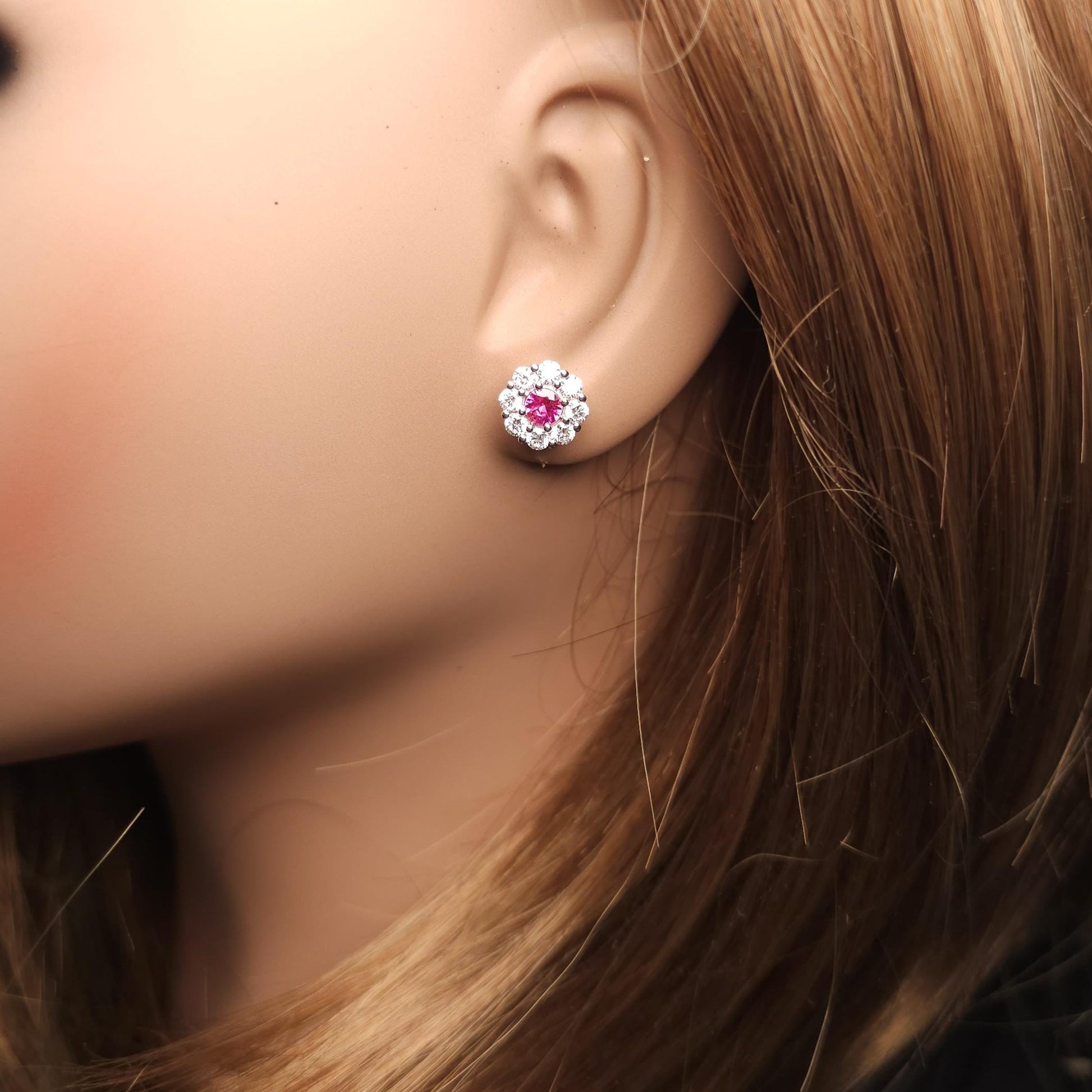 Natural Red Round Ruby and White Diamond 1.68 Carat TW White Gold Stud Earrings