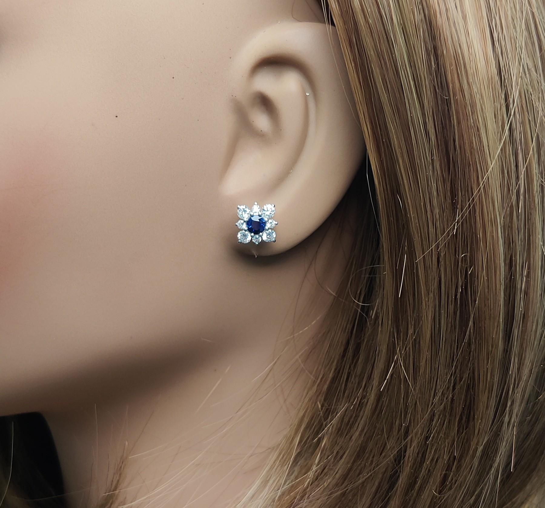 Natural Blue Round Sapphire and Diamond 1.50 Carat TW Gold Stud Earrings