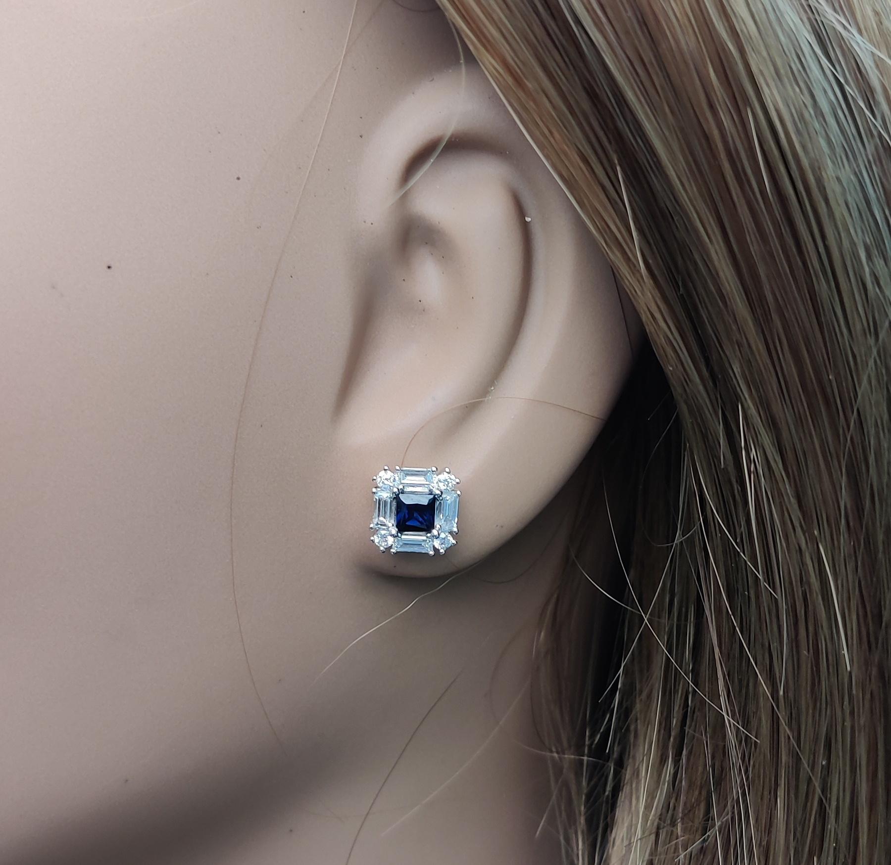 Natural Blue Princess Sapphire and White Diamond 1.4 Carat TW Gold Stud Earrings