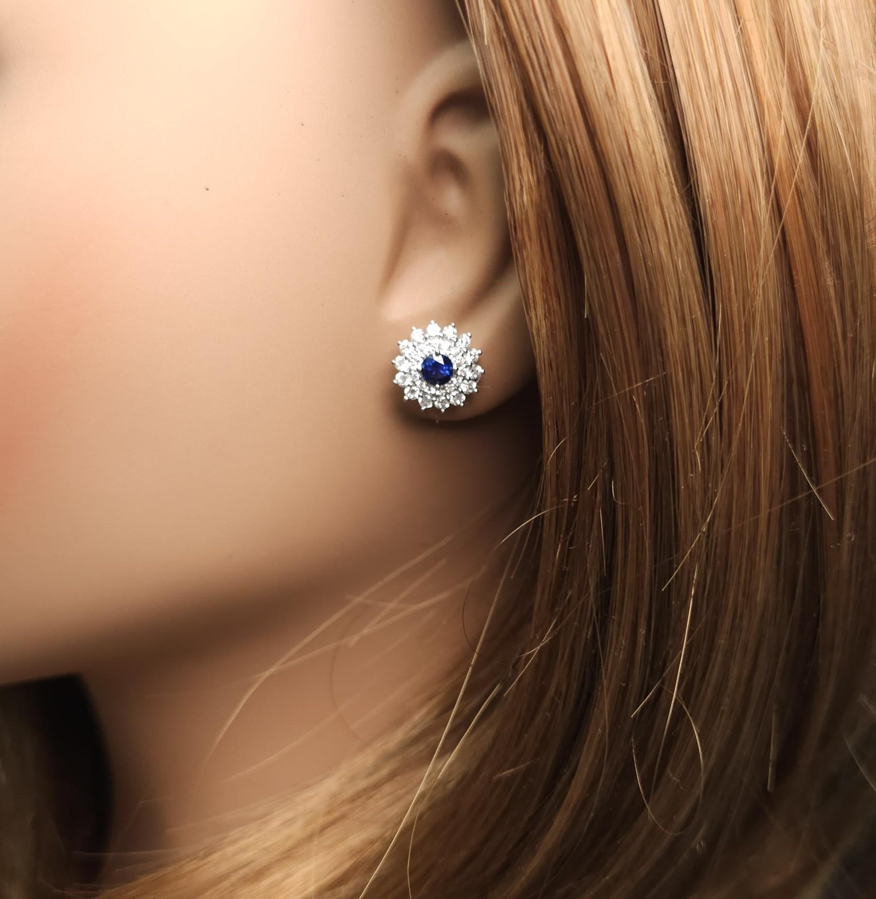 Natural Blue Round Sapphire and Diamond 1.46 Carat TW Gold Stud Earrings