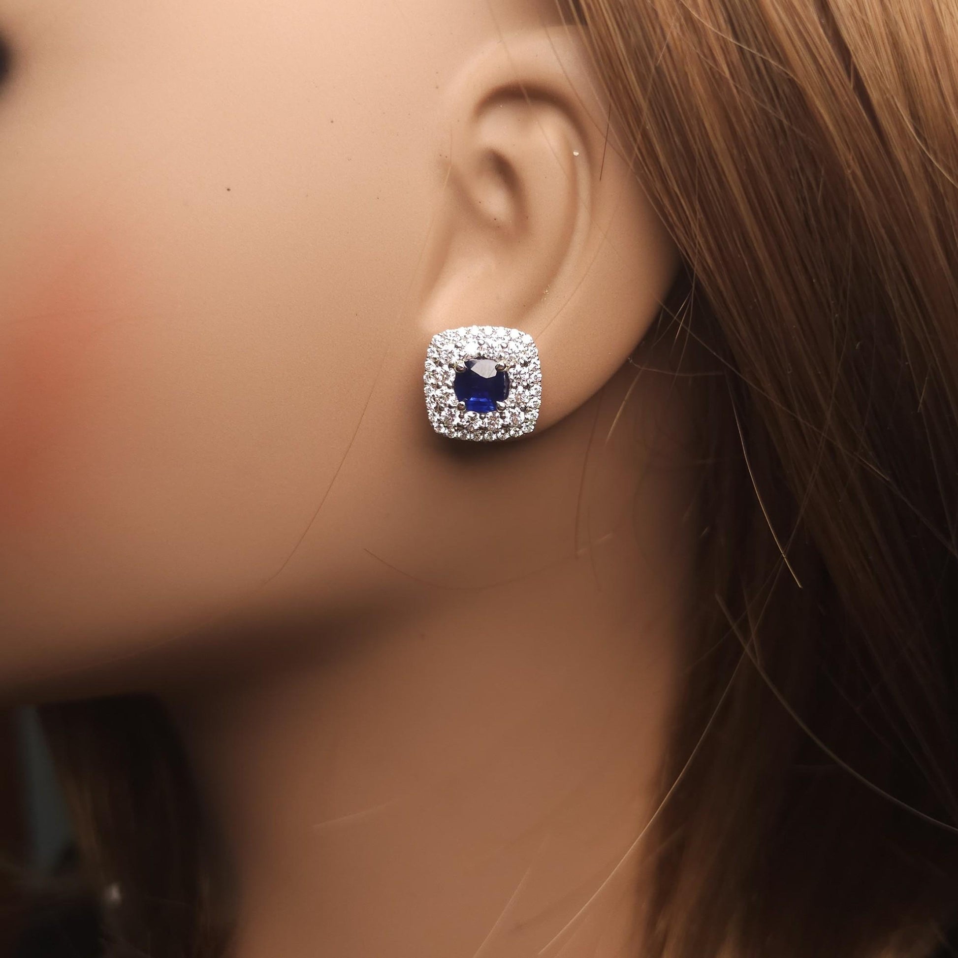 Natural Blue Cushion Sapphire and White Diamond 3.62 Carat TW Gold Stud Earrings