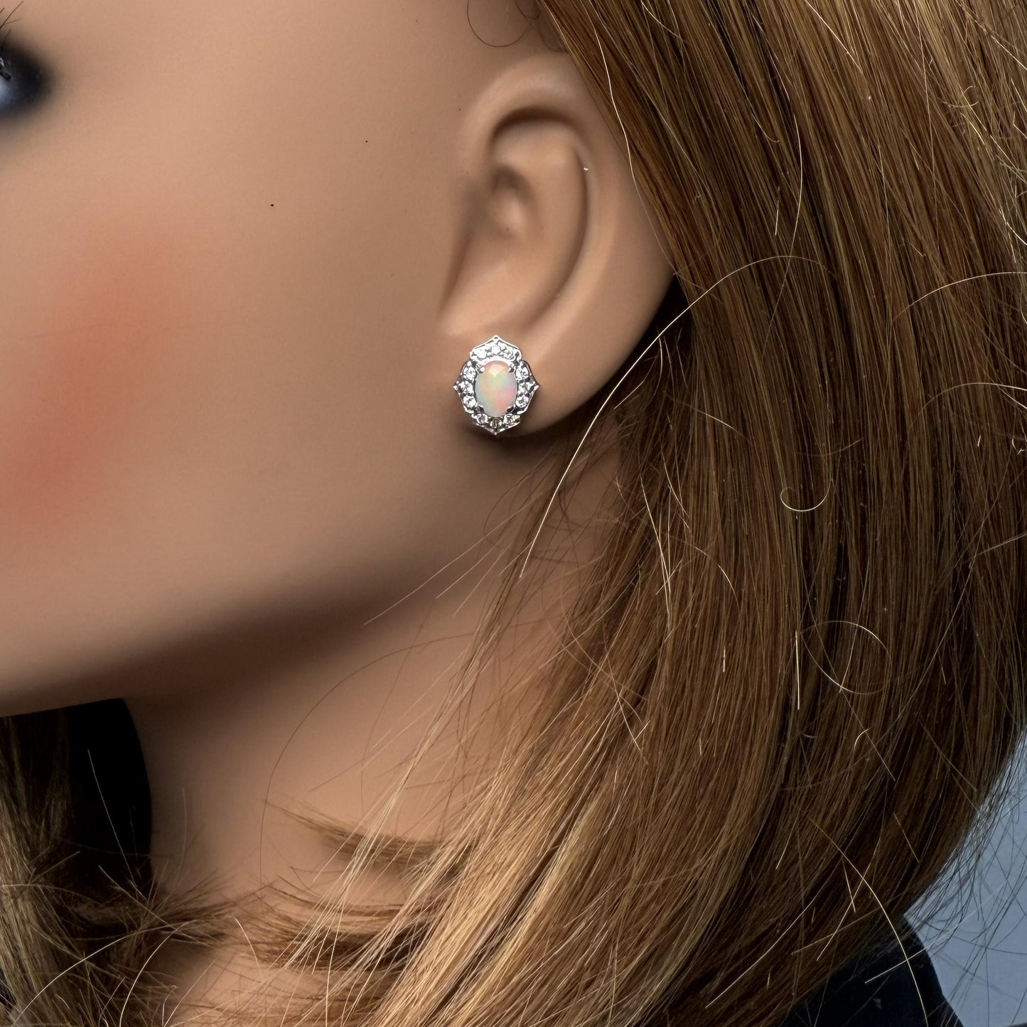 Natural Oval Opal and White Diamond 1.57 Carat TW White Gold Stud Earrings