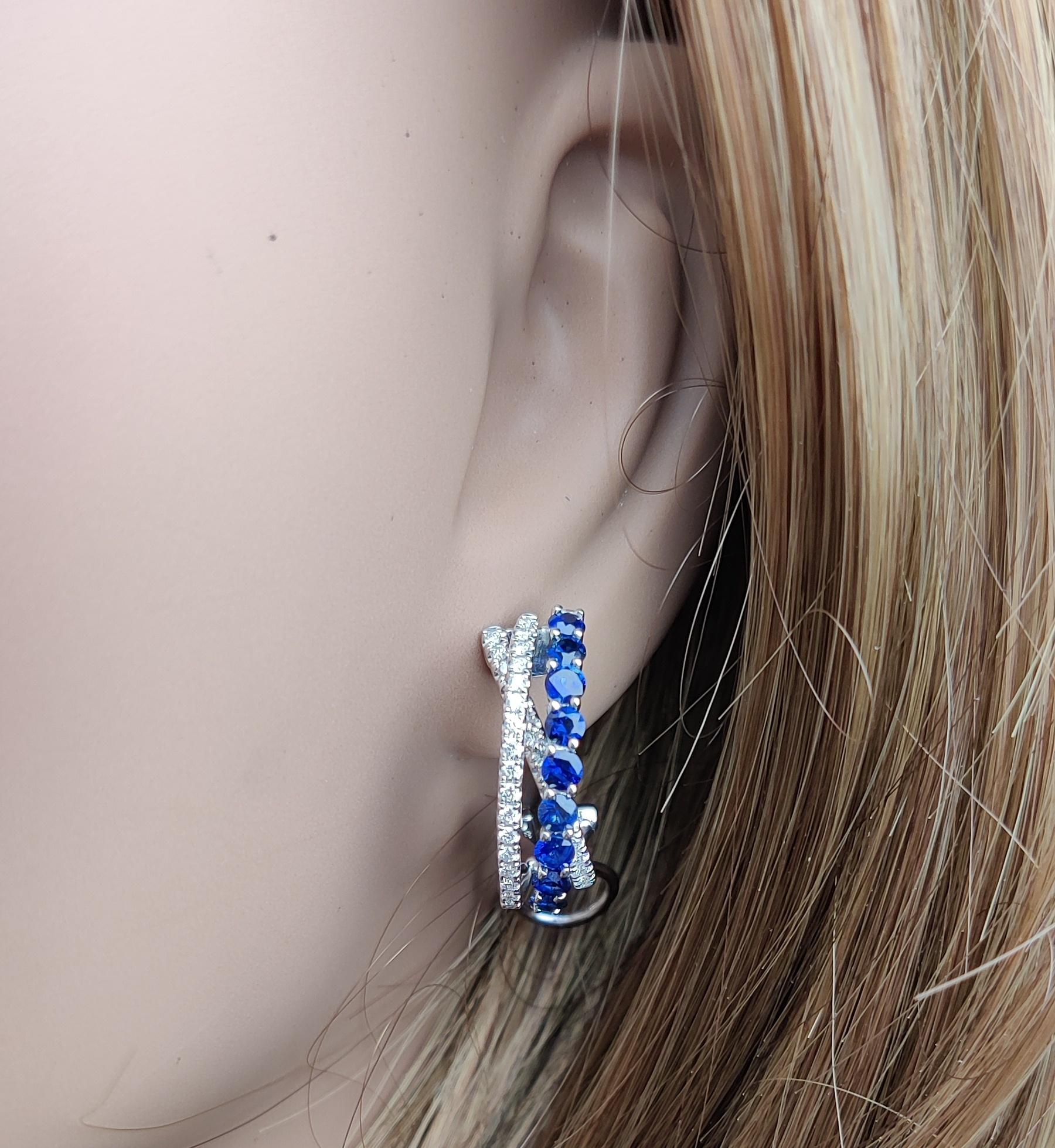 Natural Blue Round Sapphire and Diamond 2.13 Carat TW Gold Hoop Earrings