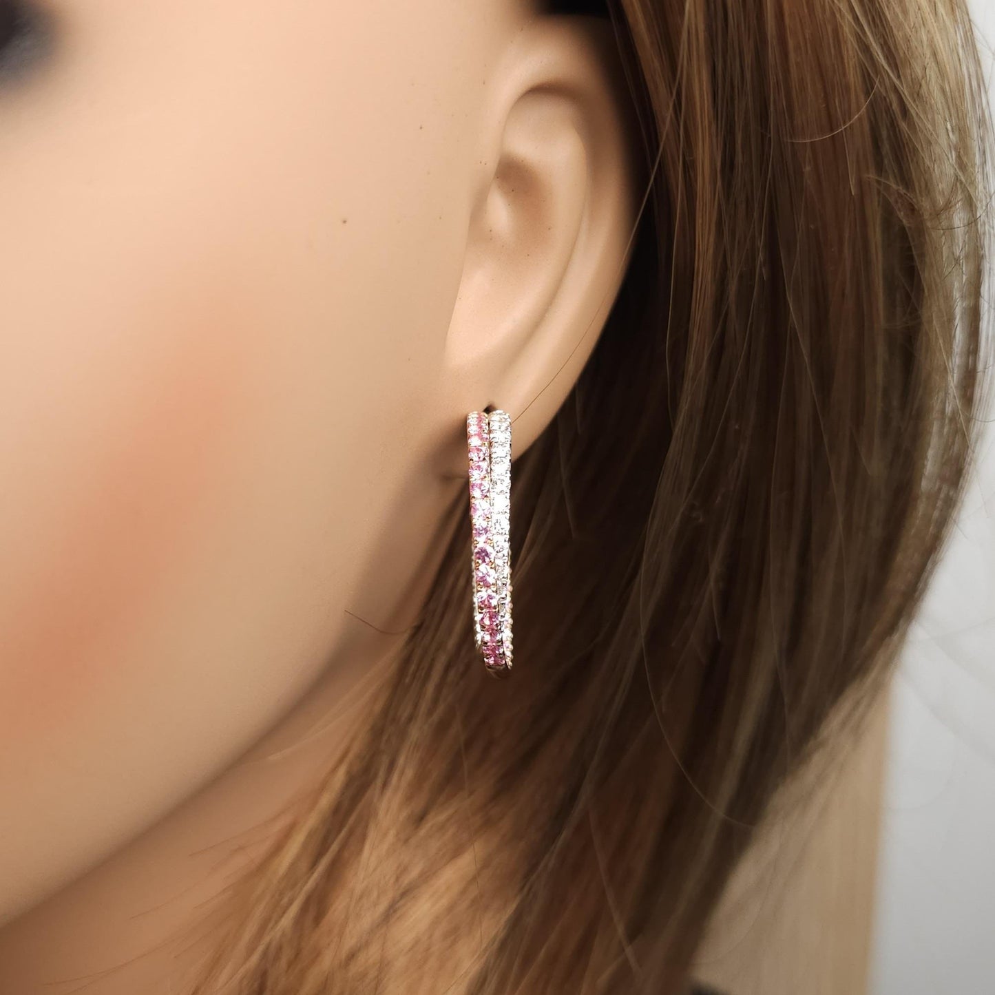 Natural Pink Round Sapphire and White Diamond 3.01 Carat TW Rose Gold Earrings
