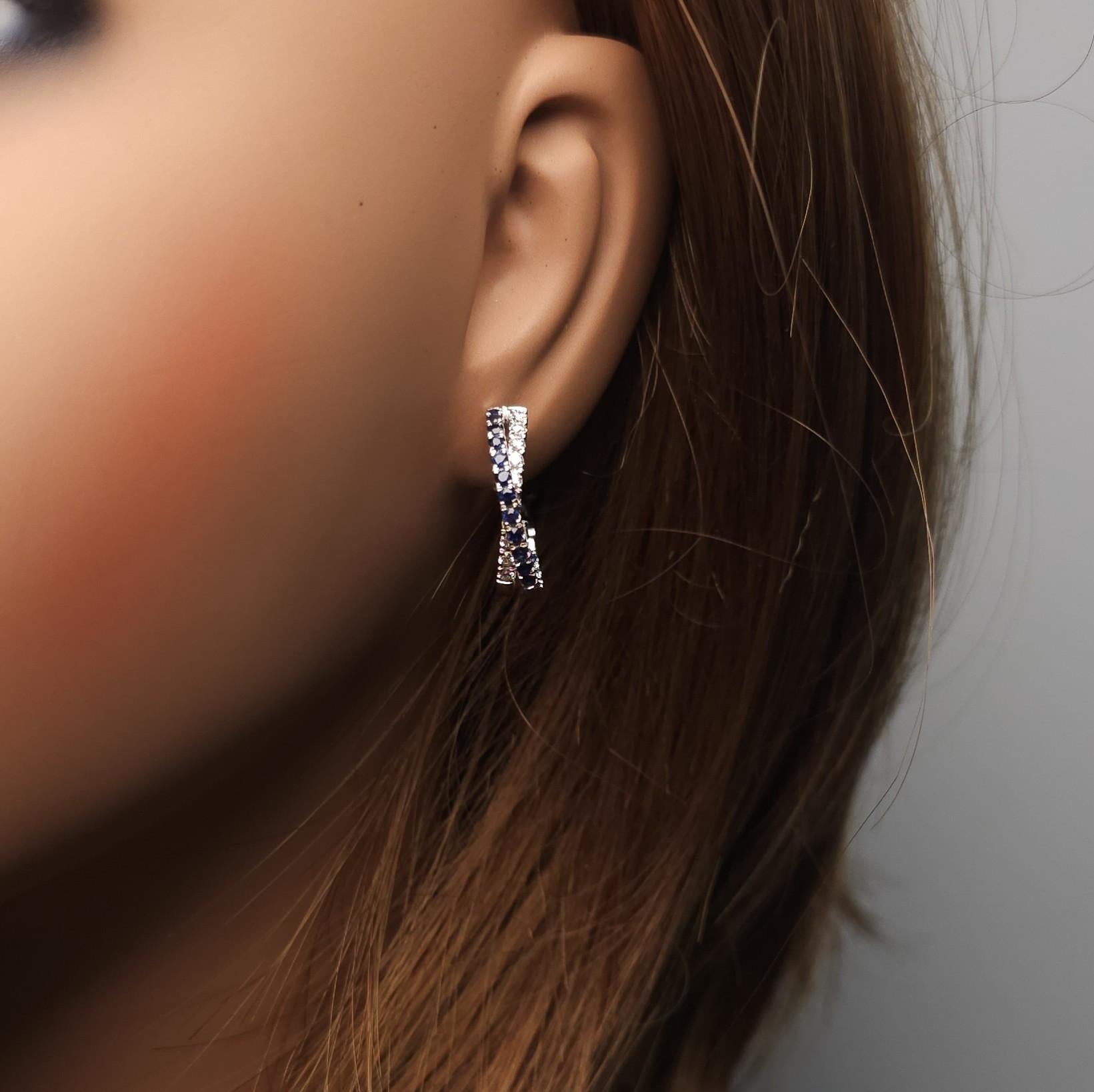 Natural Blue Round Sapphire and Diamond 1.39 Carat TW Gold Hoop Earrings