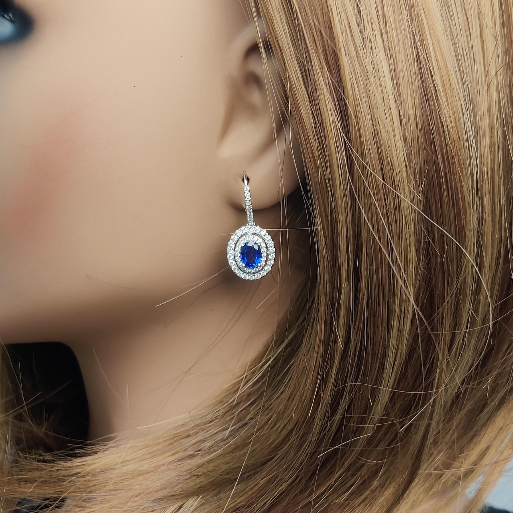 Natural Blue Oval Sapphire and White Diamond 2.97 Carat TW Gold Drop Earrings