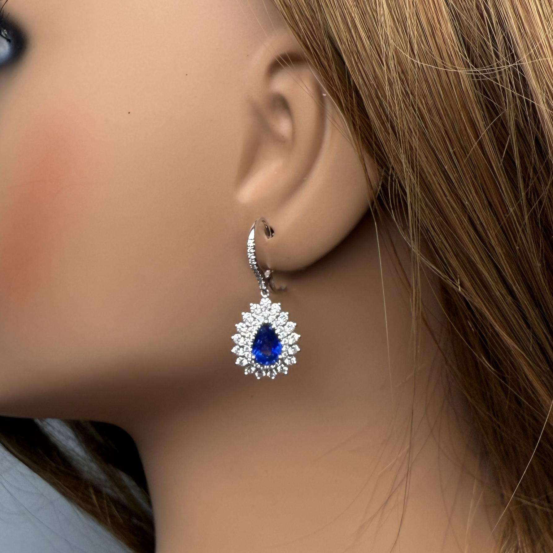 Natural Blue Pear Sapphire and White Diamond 4.40 Carat TW Gold Drop Earrings