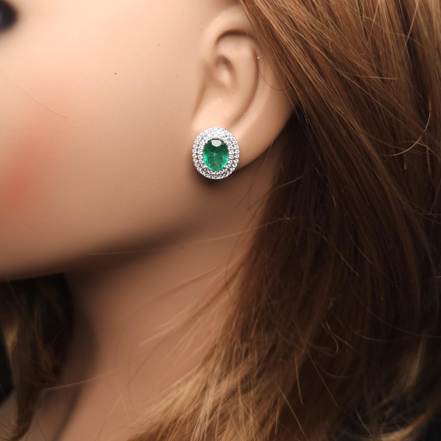 Natural Oval Emerald and Diamond 4.05 Carat TW Gold Stud Earrings