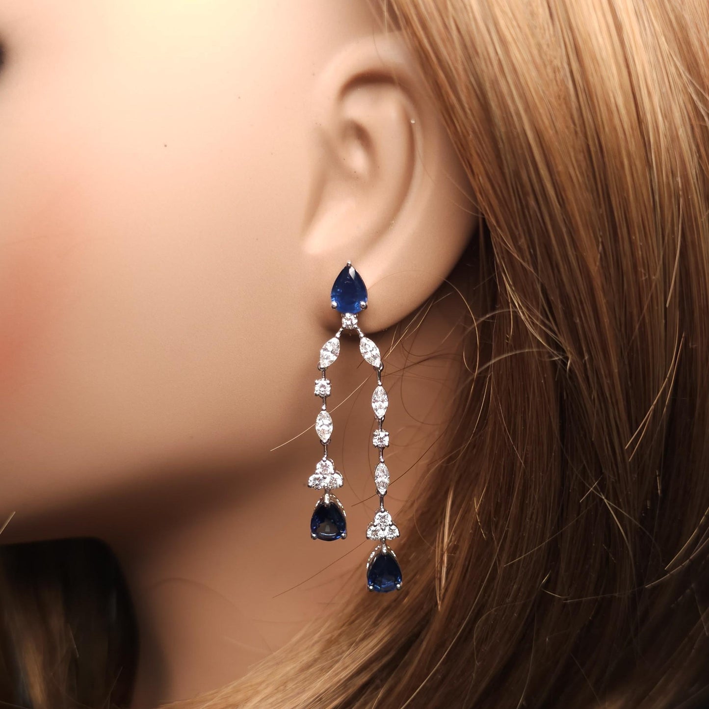 Natural Blue Pear Sapphire and White Diamond 9.65 Carat TW Gold Drop Earrings