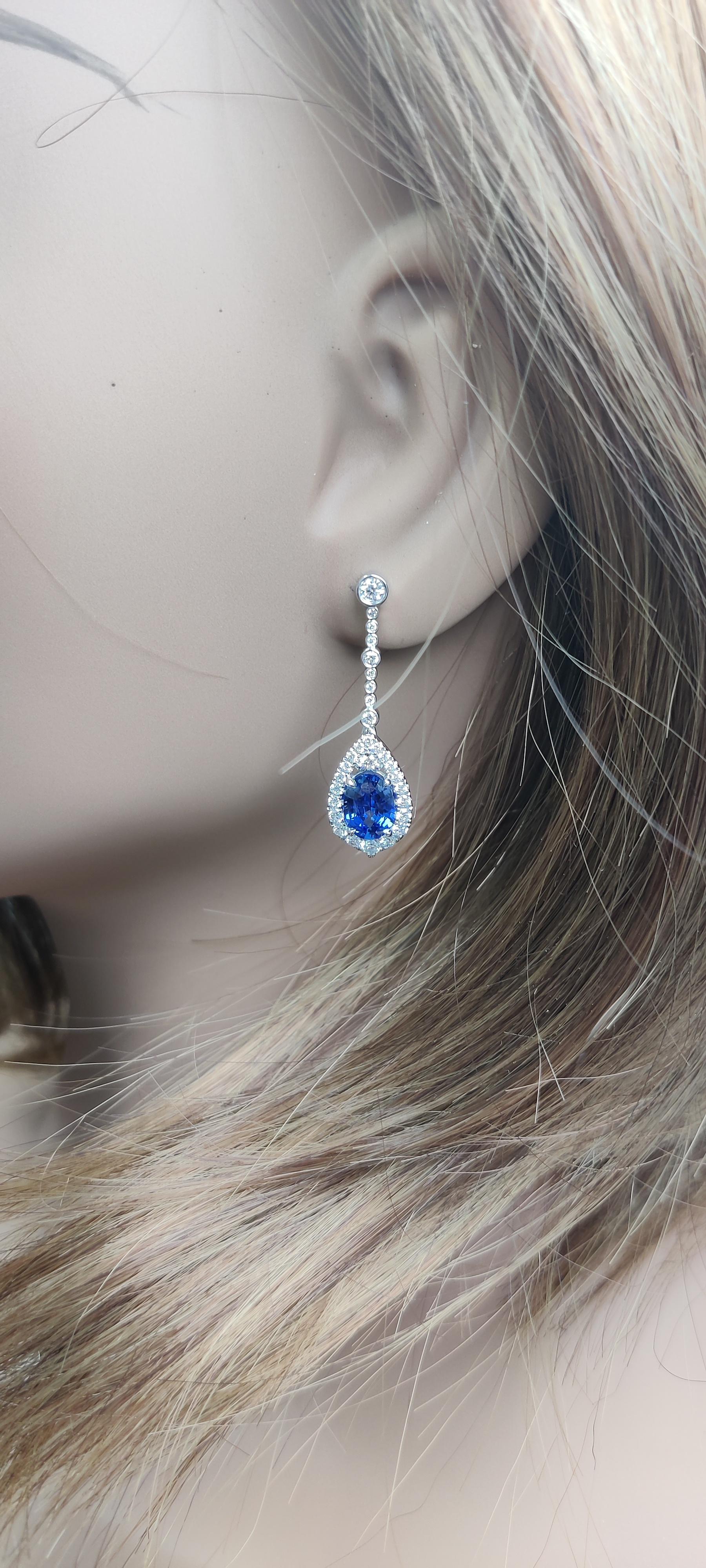 Natural Blue Oval Sapphire and White Diamond 5.20 Carat TW Gold Drop Earrings