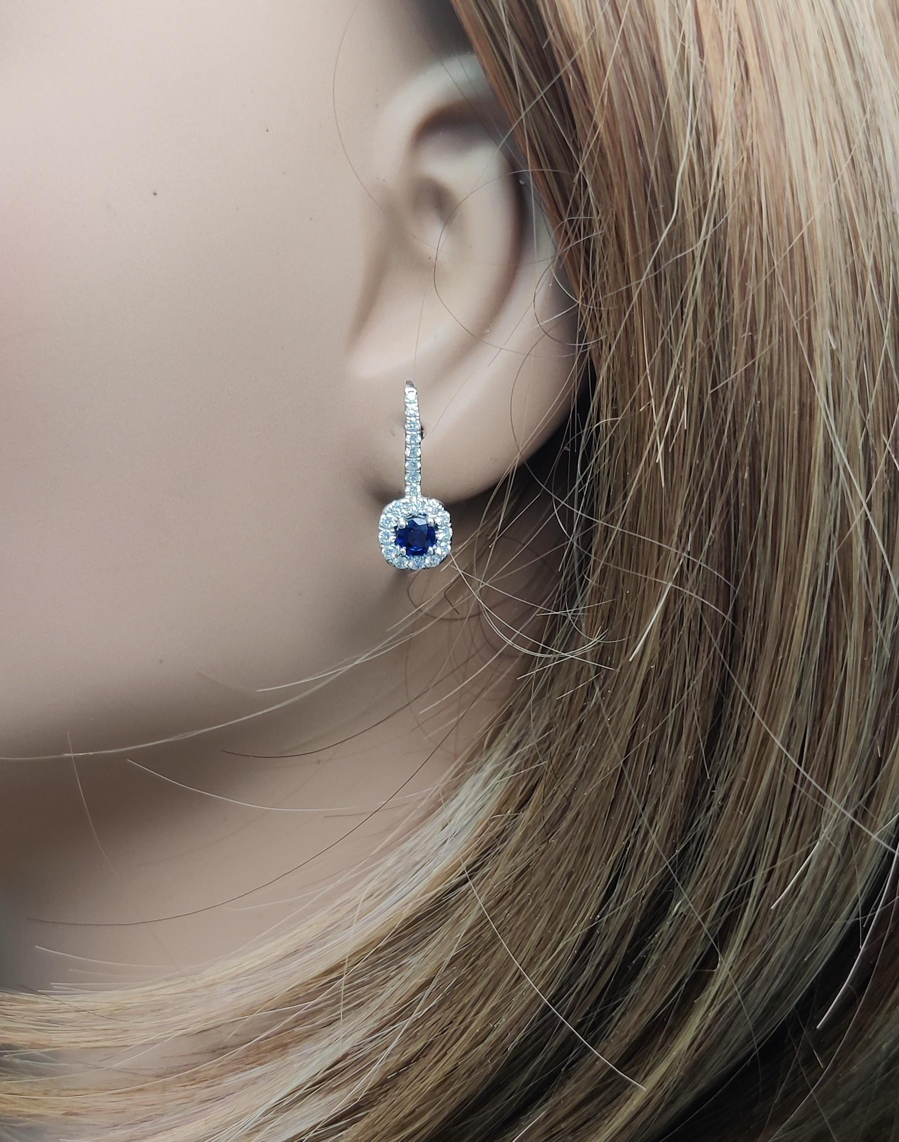 Natural Blue Round Sapphire and Diamond 1.05 Carat TW Gold Drop Earrings