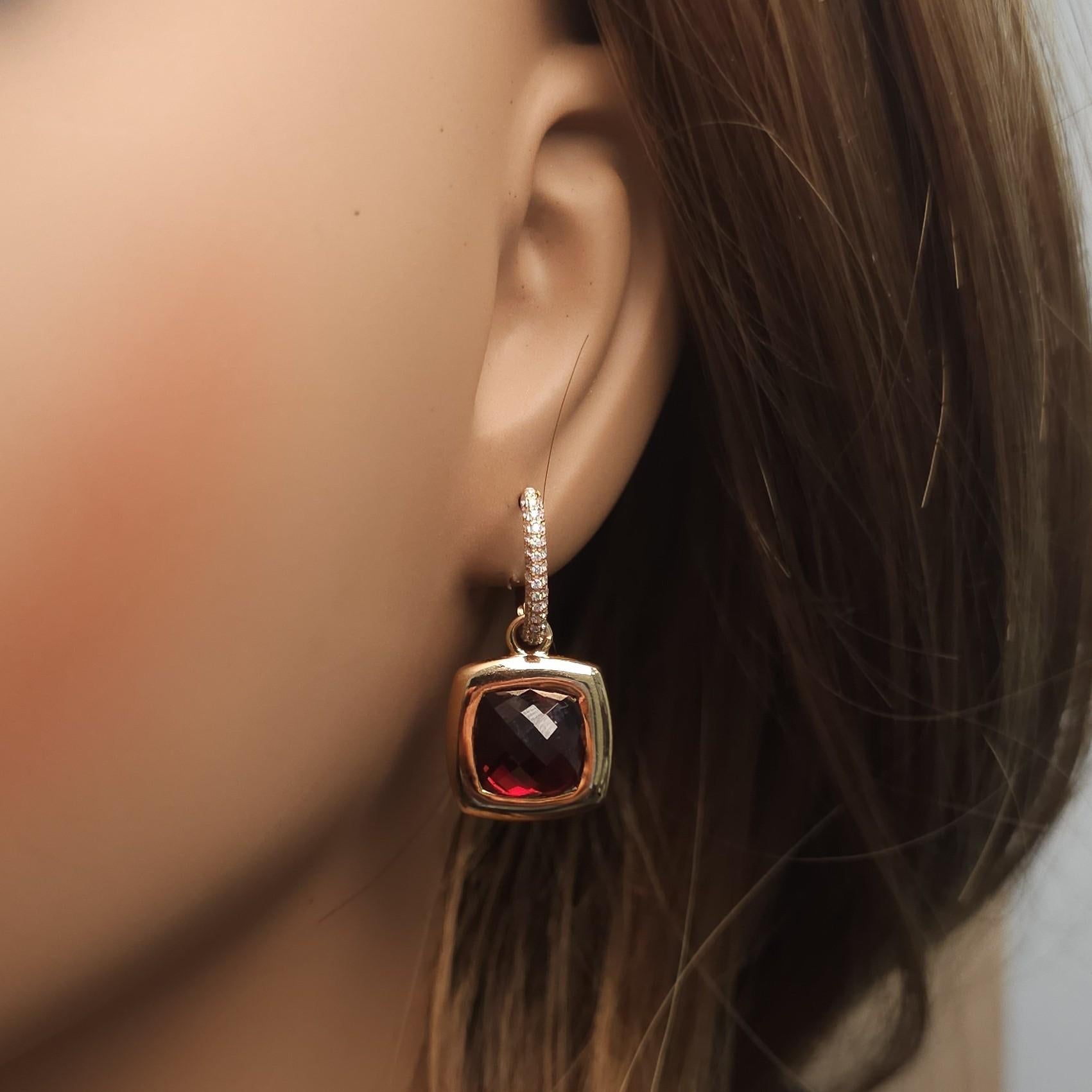 Natural Cushion Garnet and White Diamond 11.62 Carat TW Yellow Gold Drop Earring