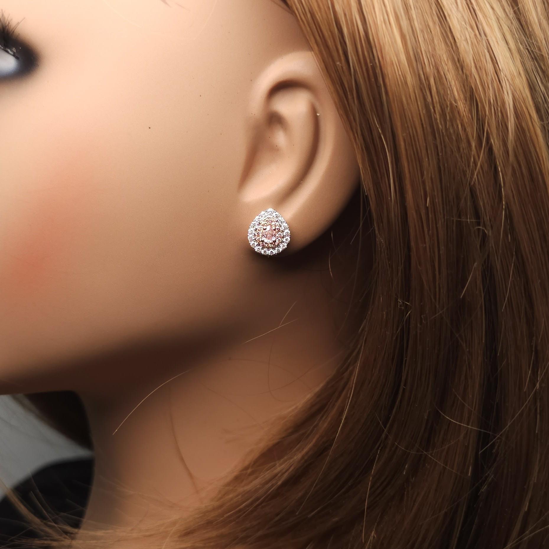 GIA Certified Fancy Orangy Pink Pear Diamond 0.96 Carat TW Gold Stud Earrings