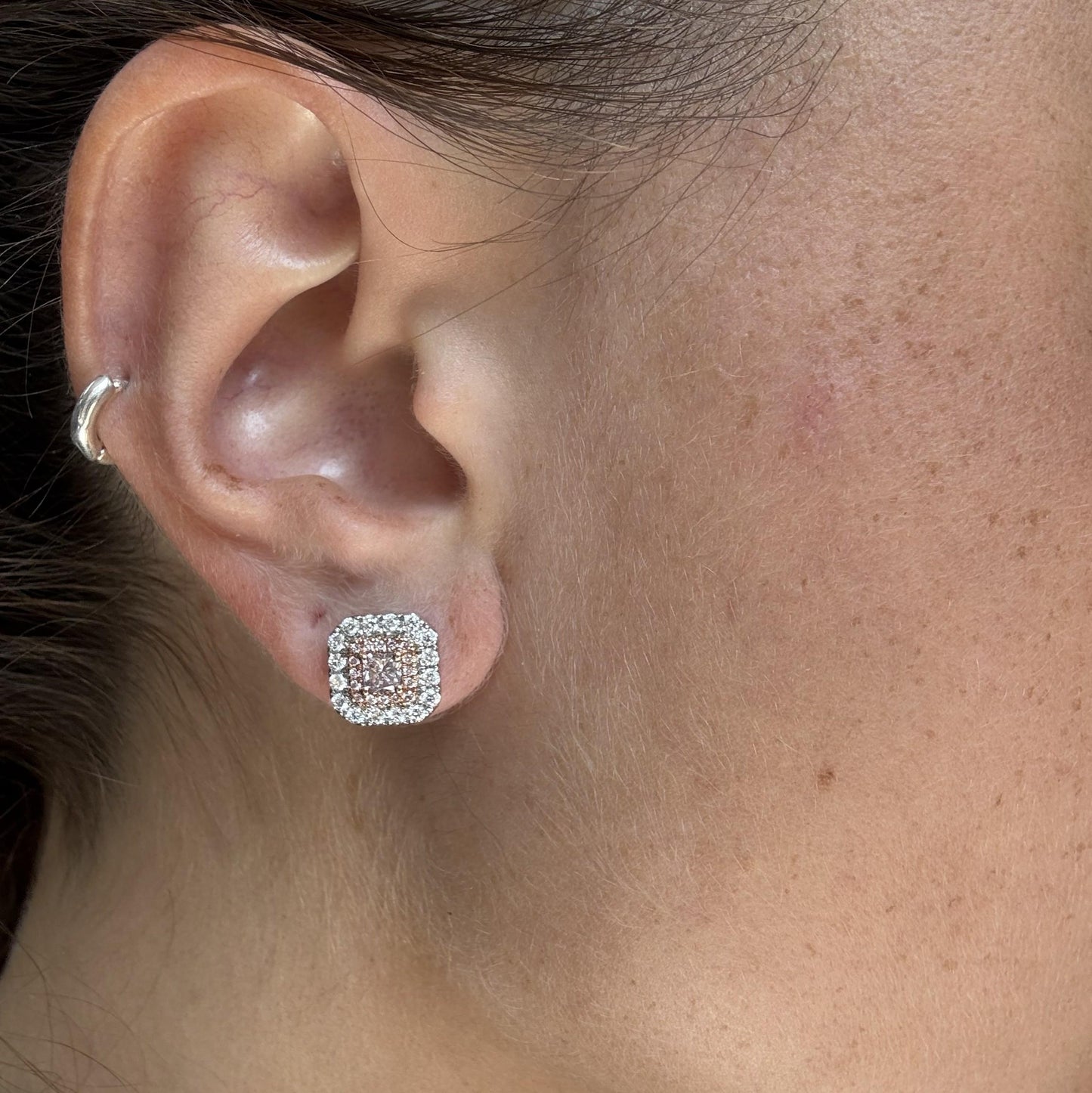 GIA Natural Fancy Light Pinkish Brown Radiant Diamond 1.45 Carat Gold Earrings