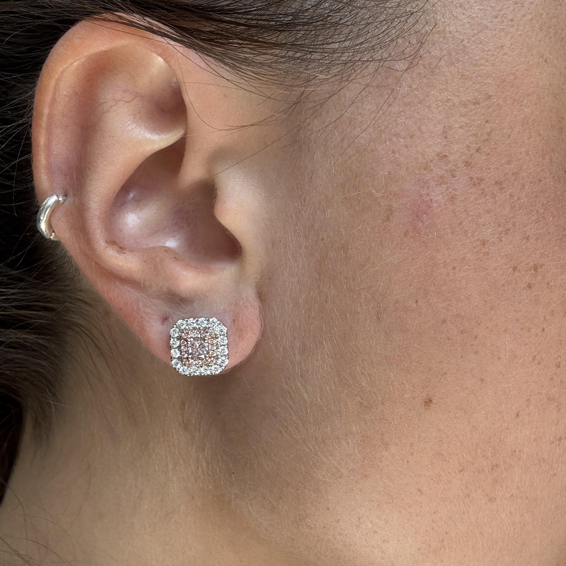 GIA Natural Fancy Light Pinkish Brown Radiant Diamond 1.45 Carat Gold Earrings