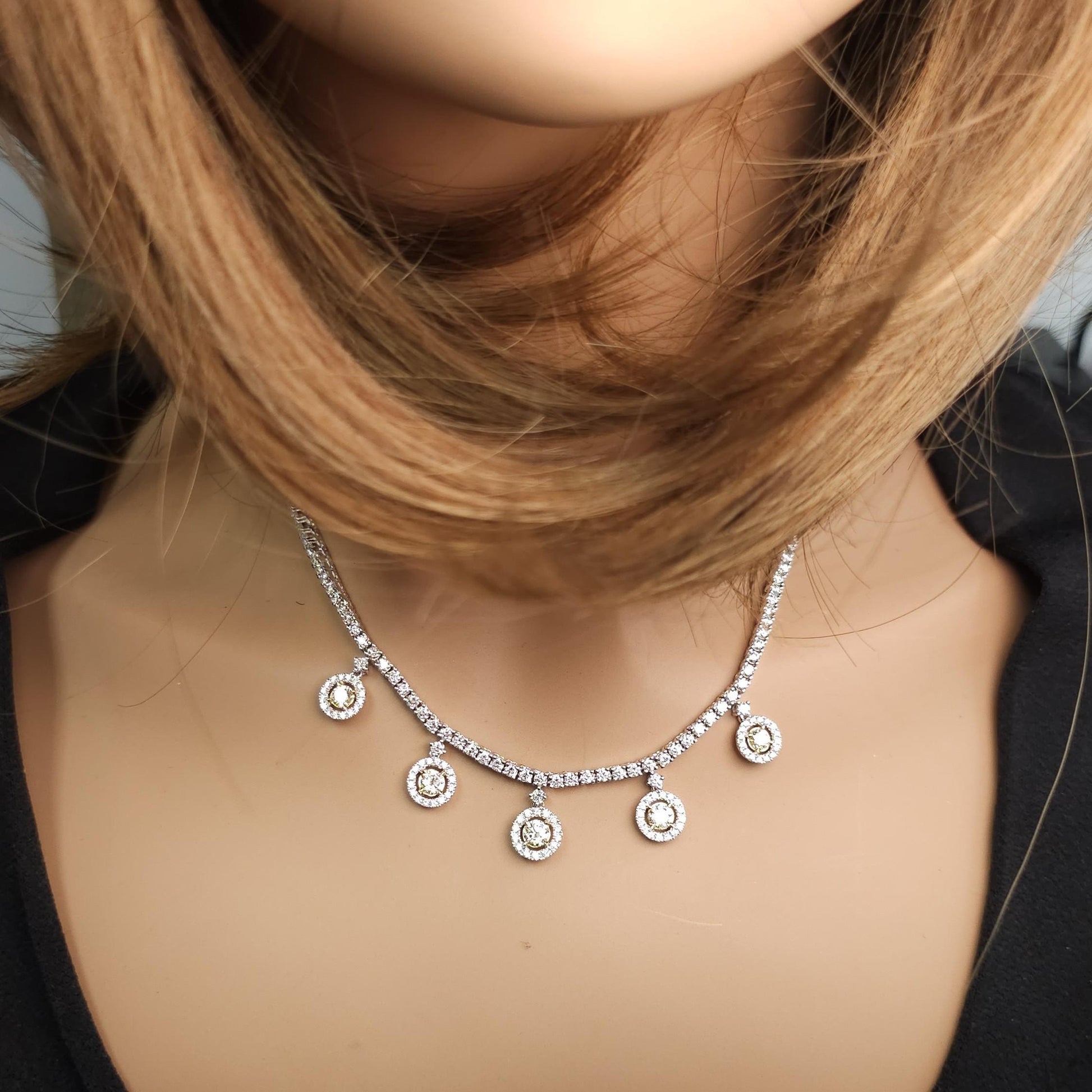 Natural Yellow Round Diamond 3.76 Carat TW Gold Drop Necklace