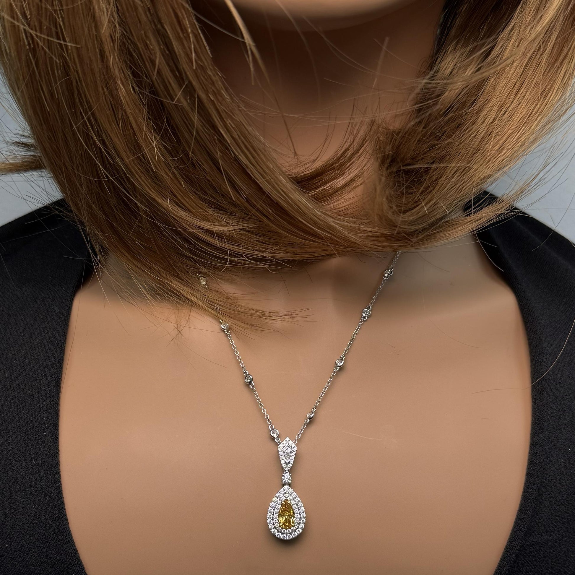GIA Natural Fancy Vivid Yellow-Orange Pear Diamond 1.69 Carat TW Gold Necklace