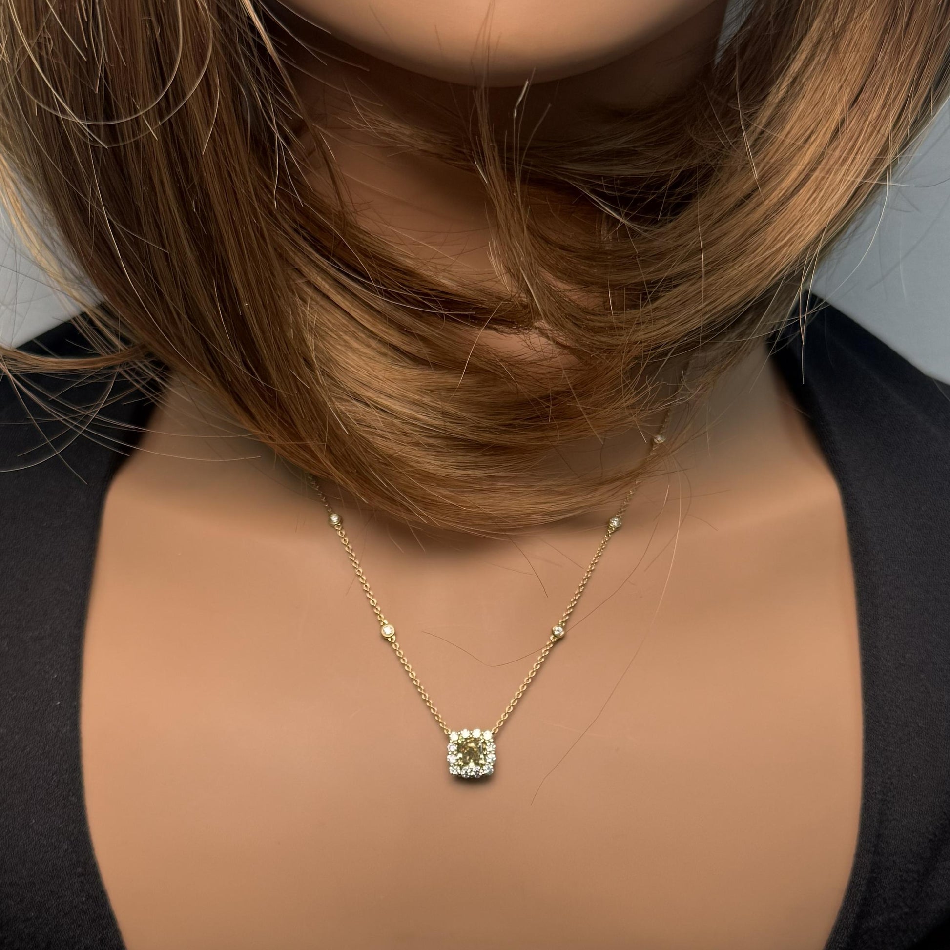 GIA Fancy Brownish Greenish Yellow Diamond 1.48 Carat TW Gold Necklace