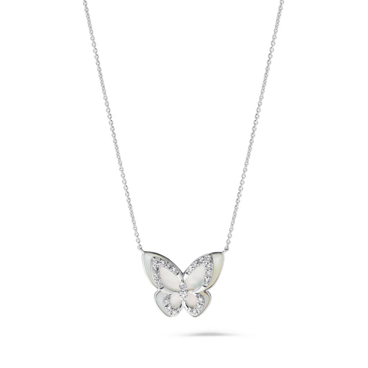 Natural Mother of Pearl and White Diamond 4.65 Carat TW Gold Butterfly Necklace