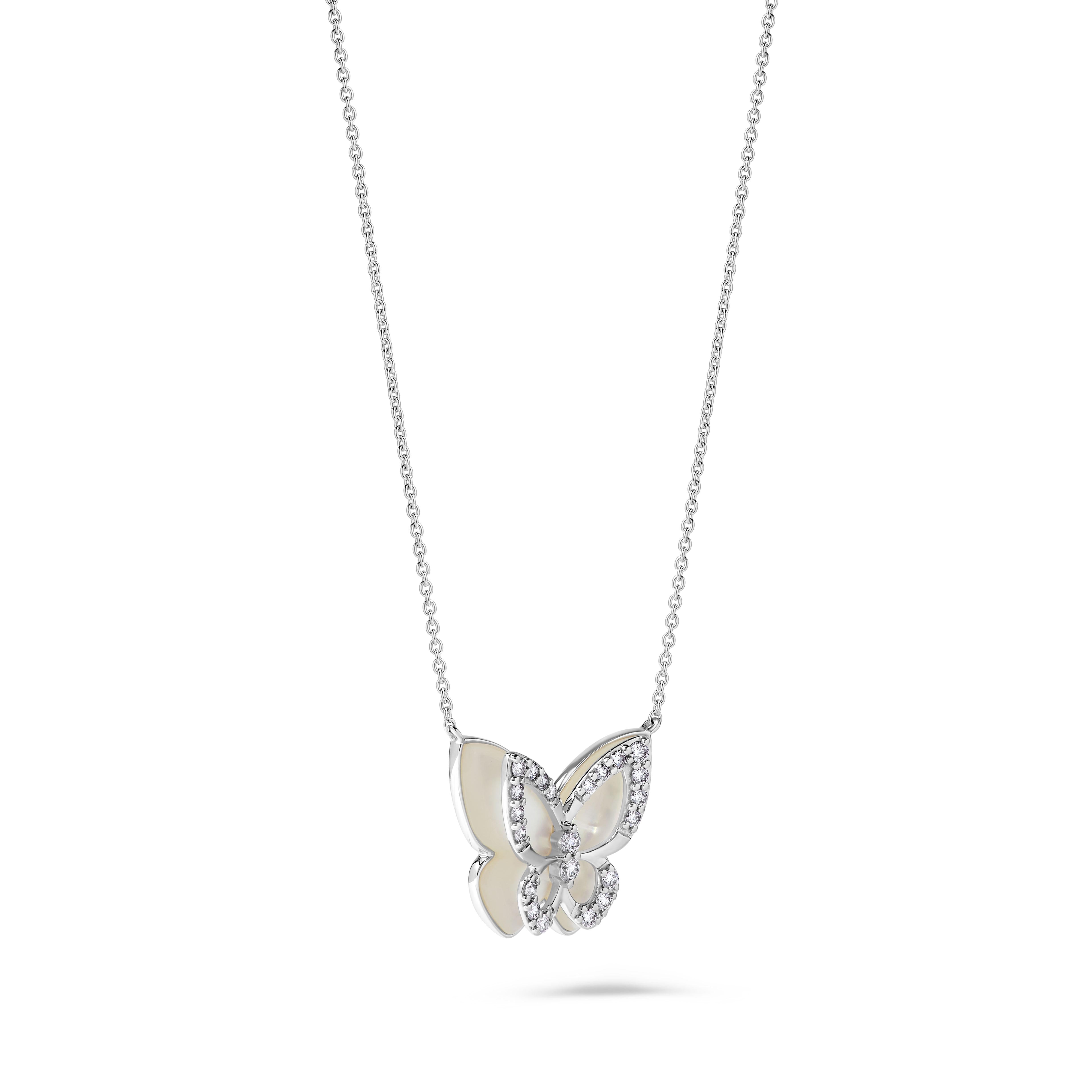 Natural Mother of Pearl and White Diamond 4.65 Carat TW Gold Butterfly Necklace