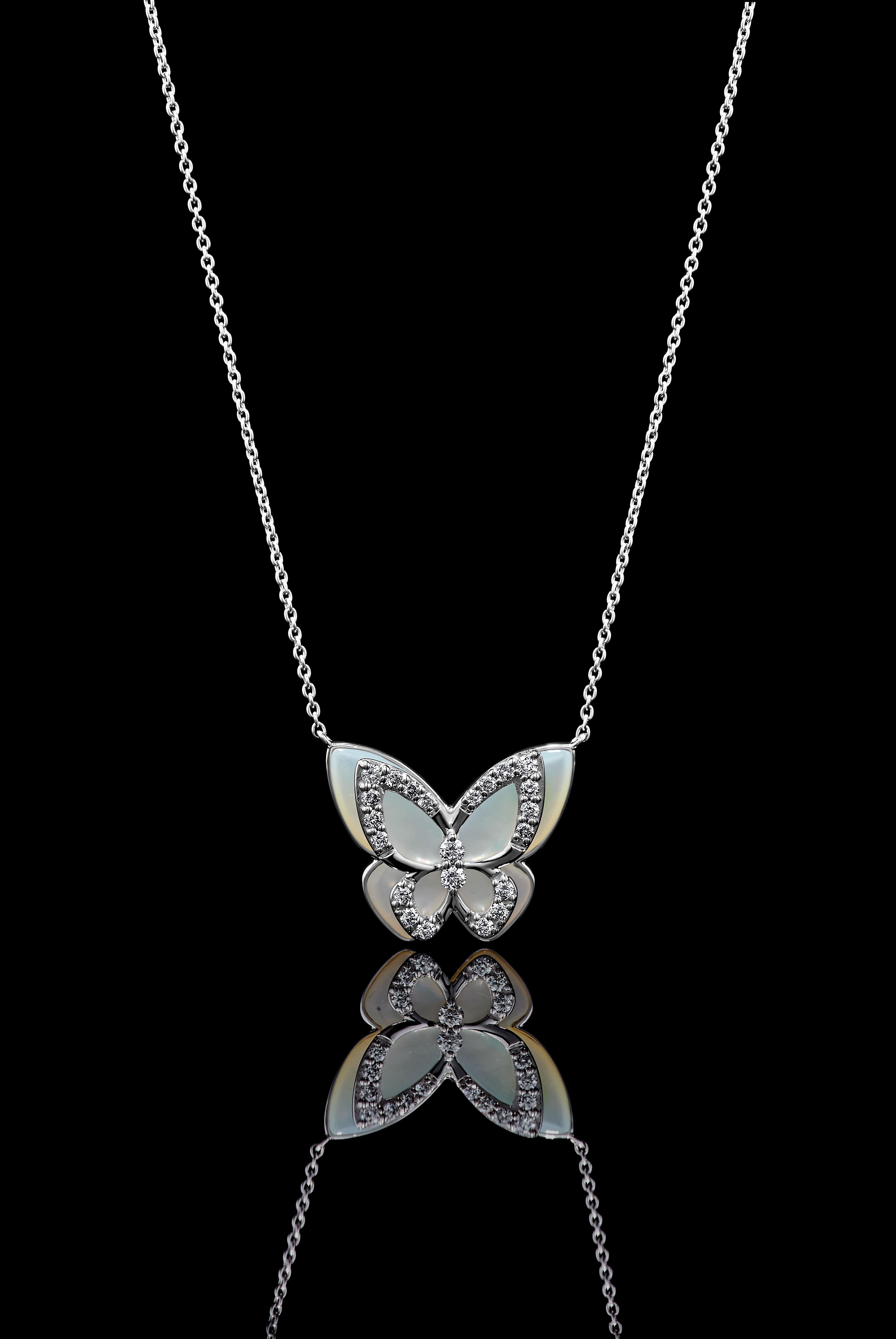 Natural Mother of Pearl and White Diamond 4.65 Carat TW Gold Butterfly Necklace