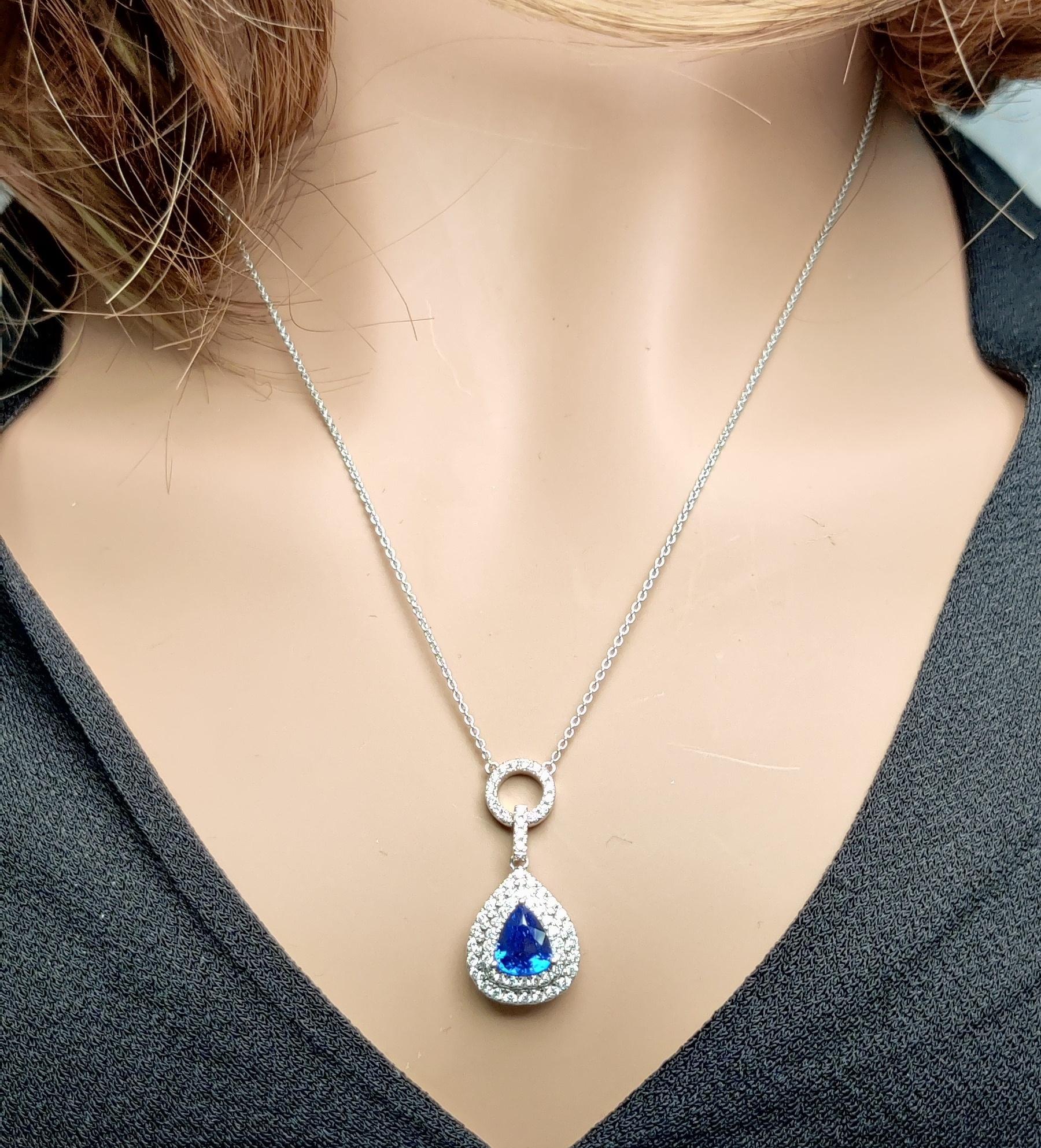 Natural Blue Pear Sapphire and White Diamond 2.08 Carat TW White Gold Pendant