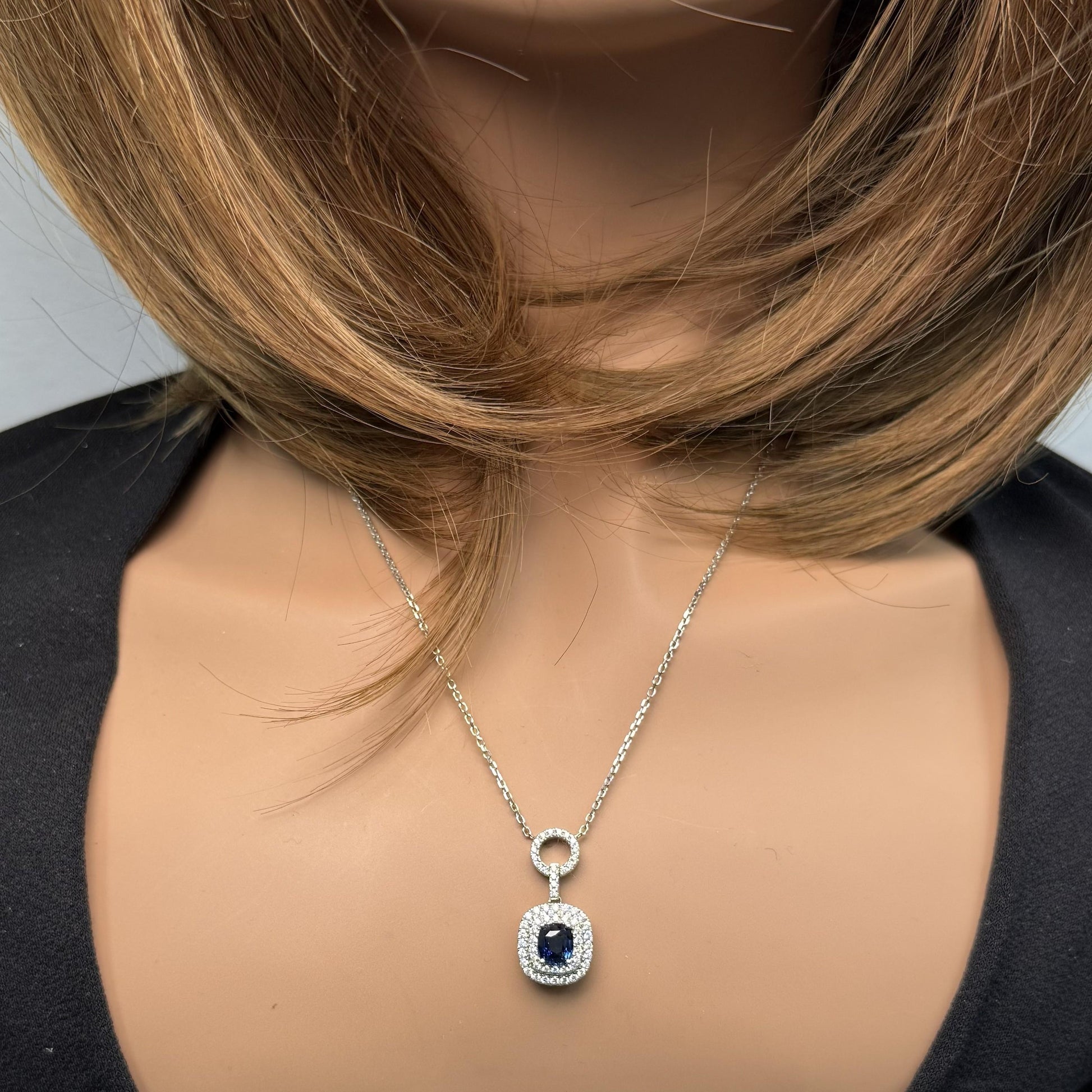 Natural Blue Cushion Sapphire and Diamond 1.65 Carat TW Gold Necklace
