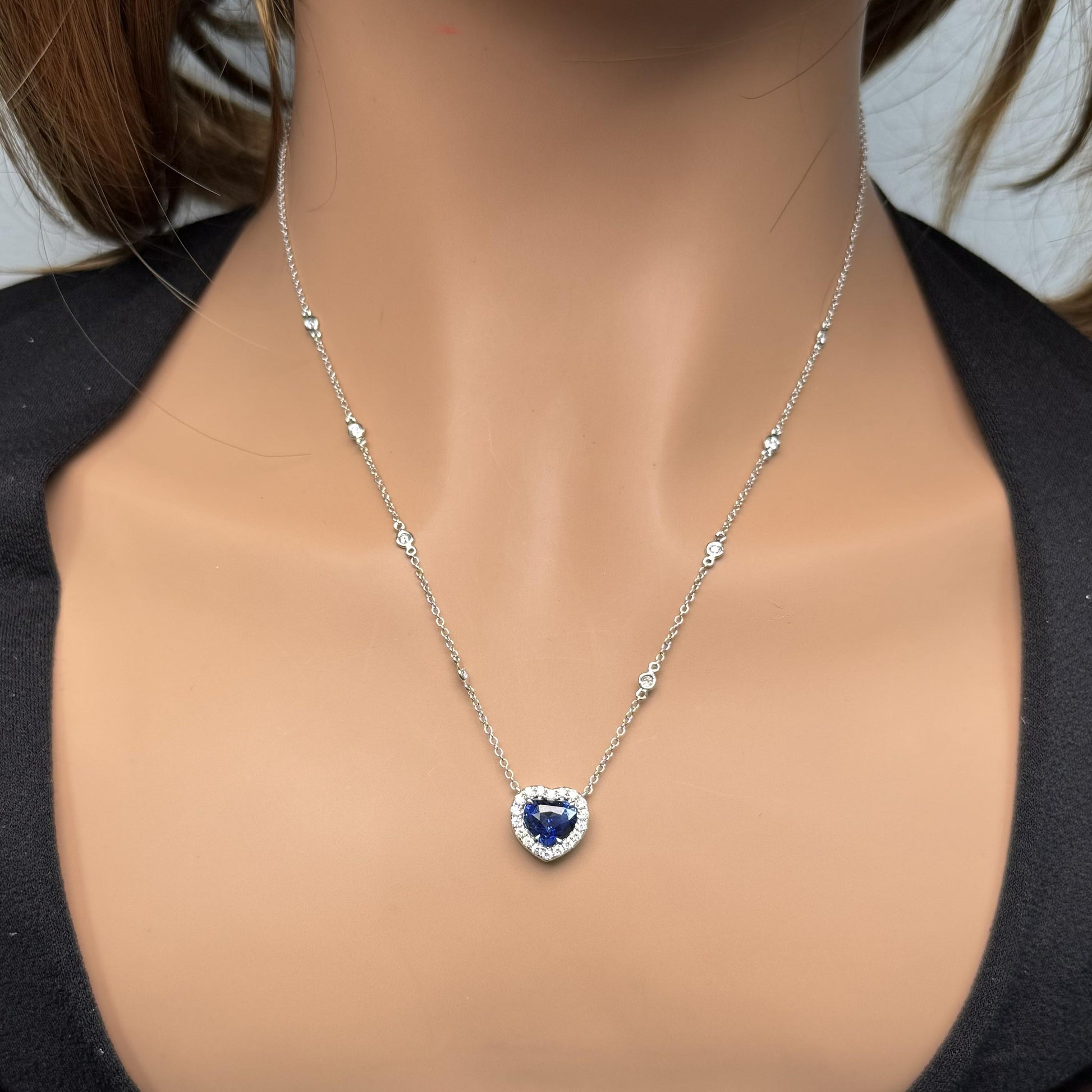 GIA Natural Blue Heart Sapphire and Diamond 2.14 Carat TW Gold Necklace