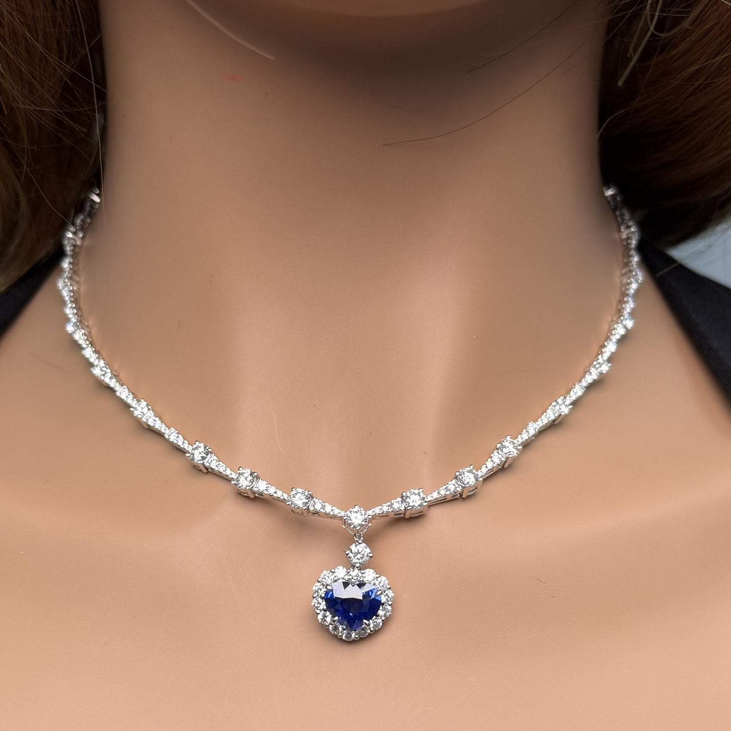 GIA Natural Blue Heart Sapphire and Diamond 11.82 Carat TW Gold Necklace