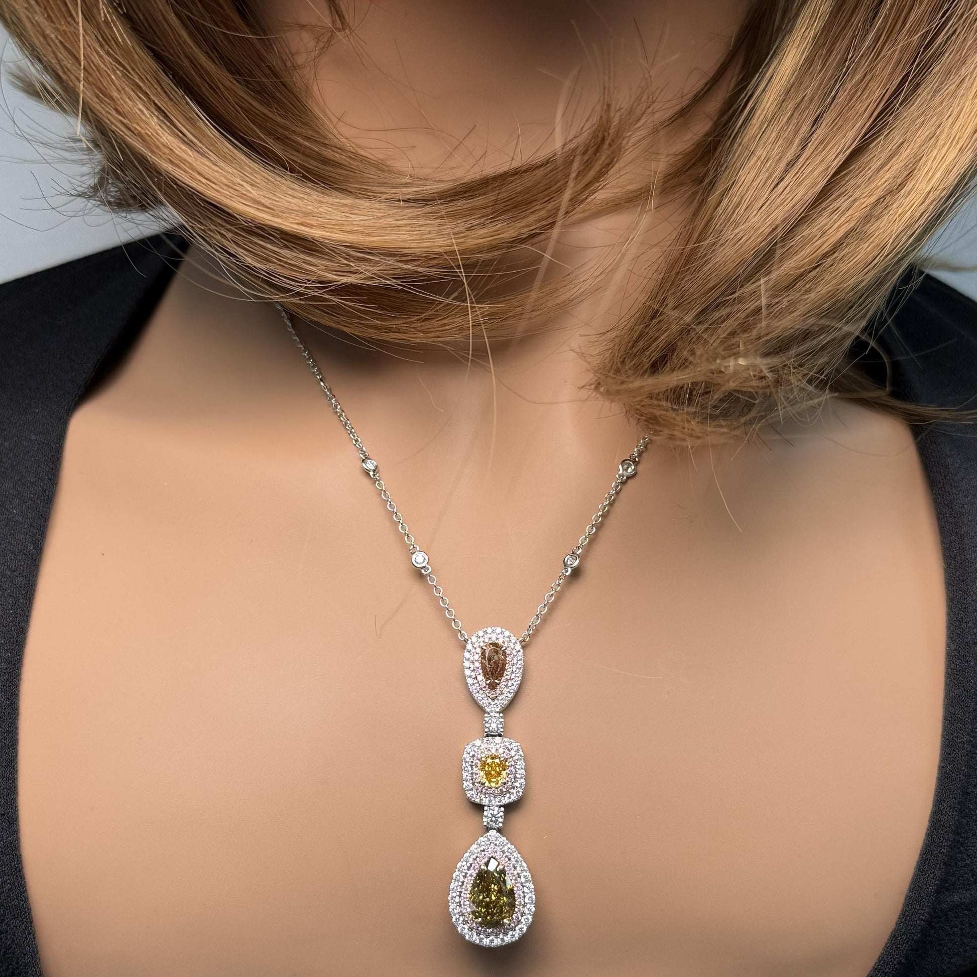 GIA Fancy Deep Brownish Greenish Yellow Pear Diamond 5.52 CTS Gold Necklace