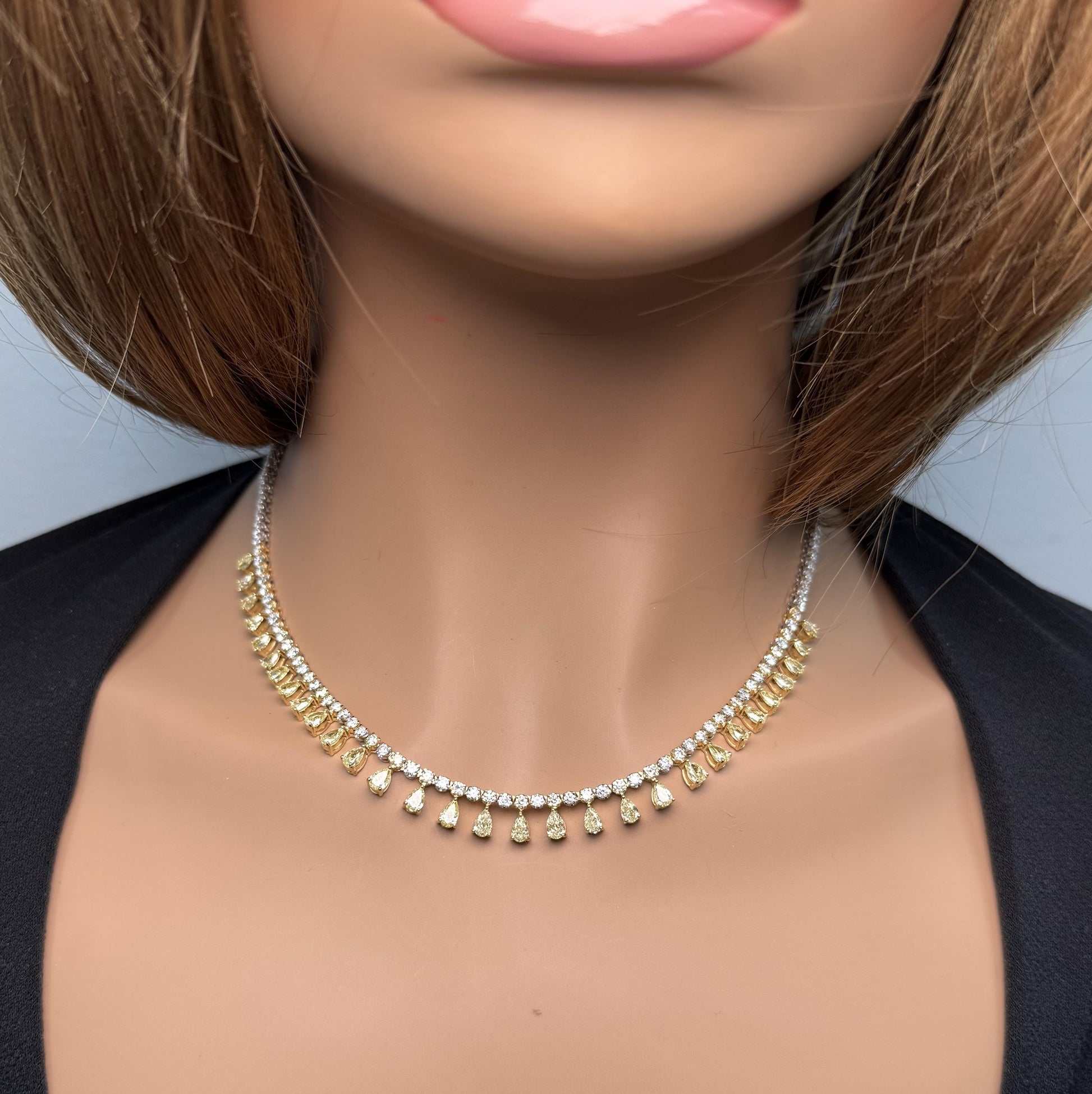 Natural Yellow Pear Diamond 12.05 Carat TW Gold Necklace