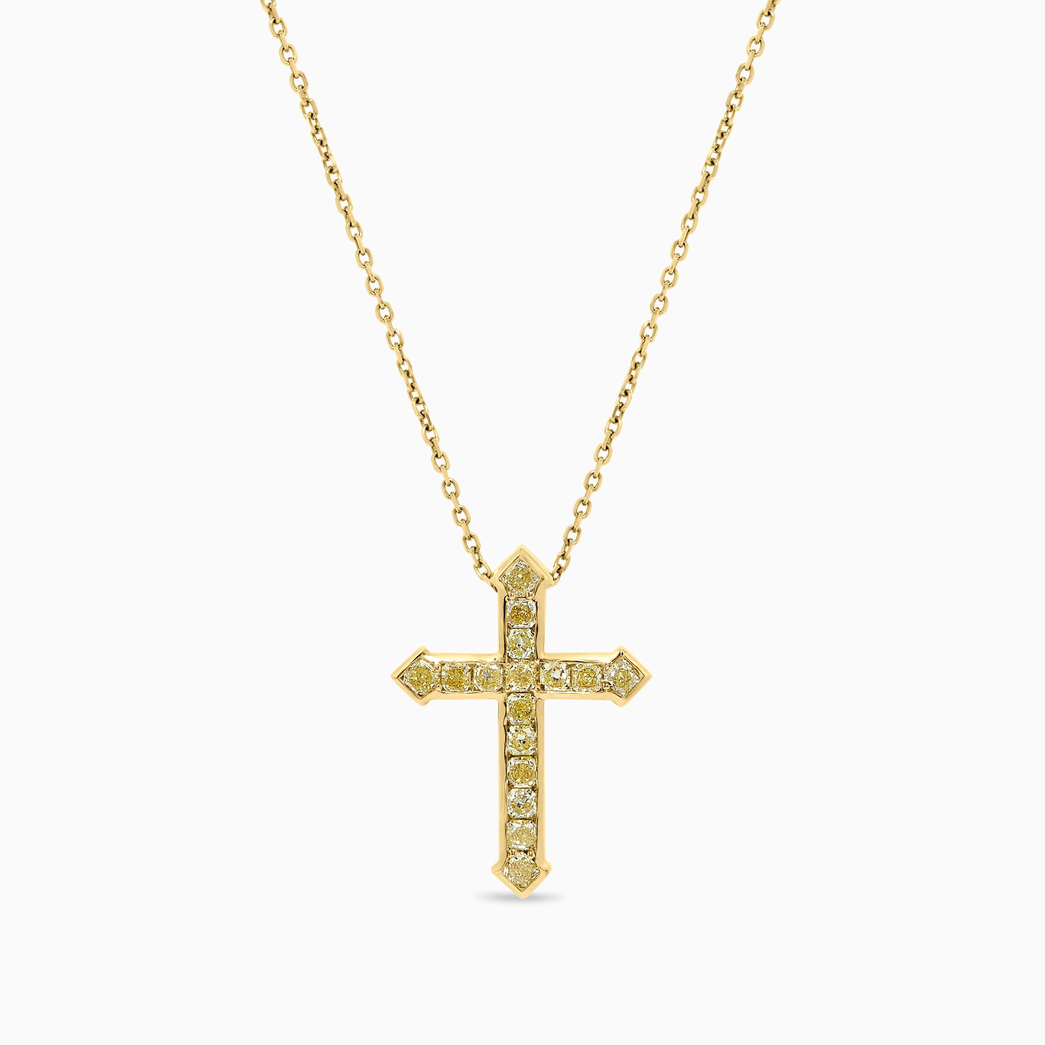 Natural Yellow Radiant Diamond 1.22 Carat TW Yellow Gold Cross Pendant