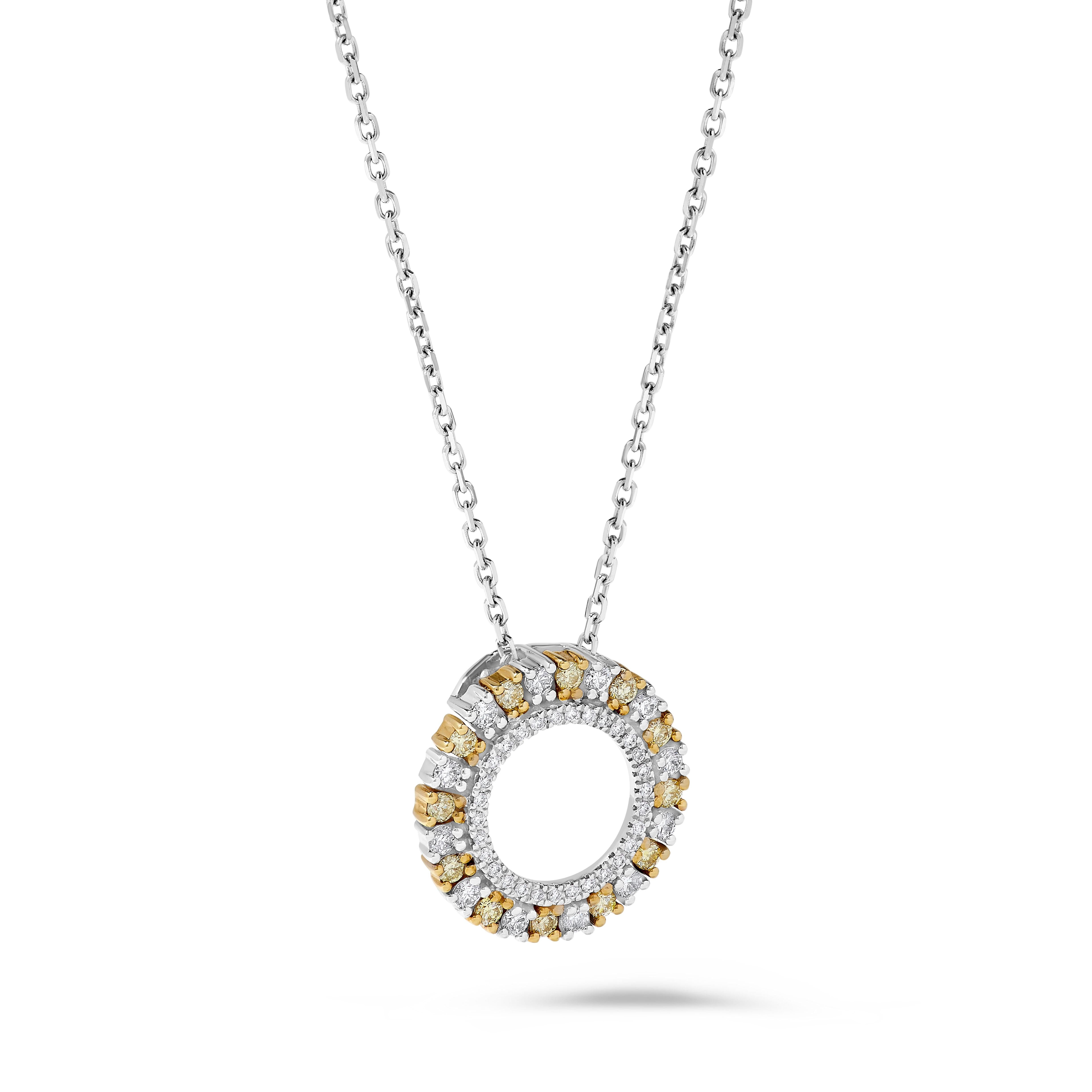 Natural Yellow Round and White Diamond .52 Carat TW Gold Drop Pendant