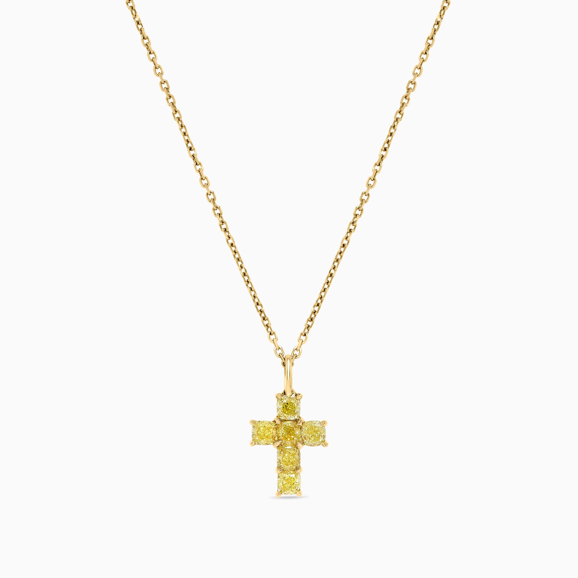 Natural Yellow Cushion Diamond 1.16 Carat TW Yellow Gold Cross Pendant