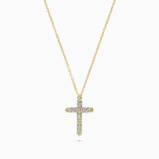 Natural Yellow Round and White Diamond .90 Carat TW Gold Cross Pendant