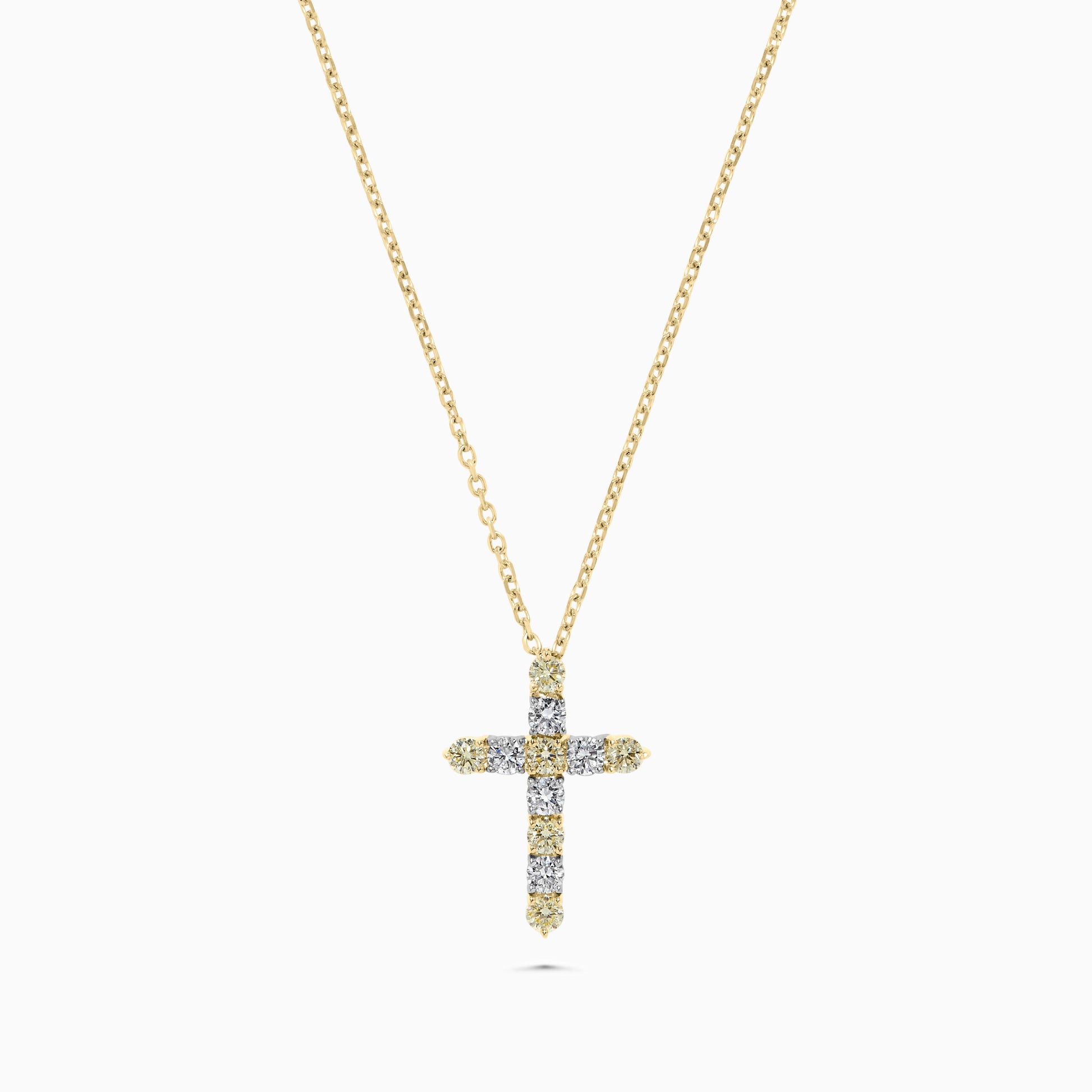 Natural Yellow Round and White Diamond .90 Carat TW Gold Cross Pendant