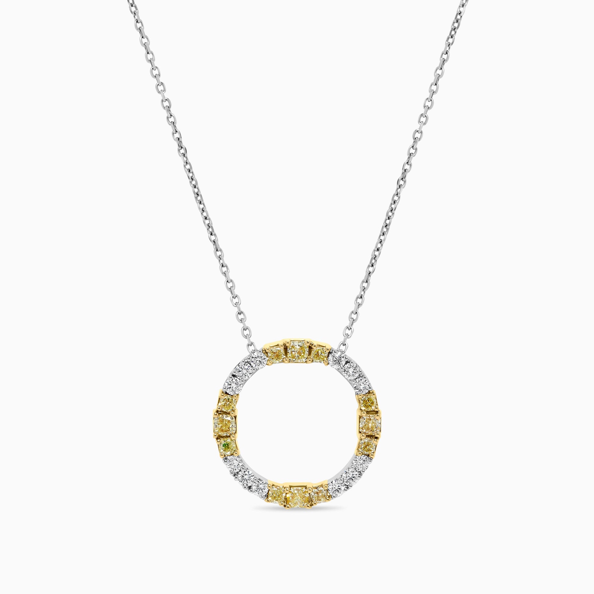 Natural Yellow Radiant and White Diamond 1.59 Carat TW Gold Circle Pendant